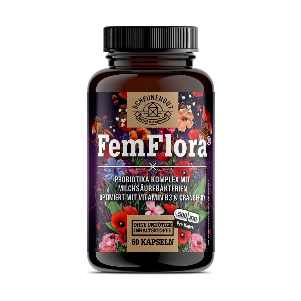 Braune Glasflasche mit lila Etikett, das Blumen und den Produktnamen 'FemFlora' zeigt. Enthält 60 Kapseln.