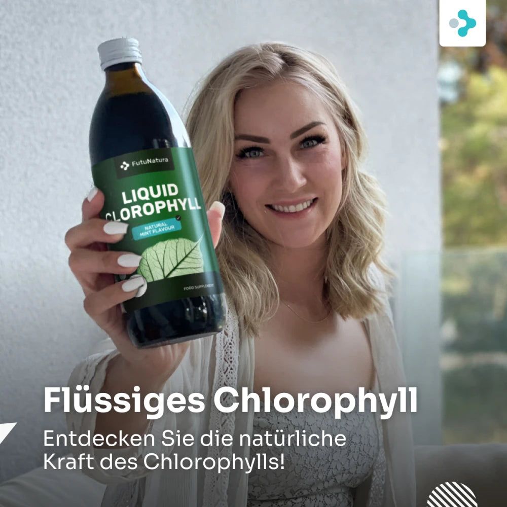 Frau hält eine grüne Flasche. Aufschrift: Flüssiges Chlorophyll. Text: Entdecken Sie die natürliche Kraft des Chlorophylls!