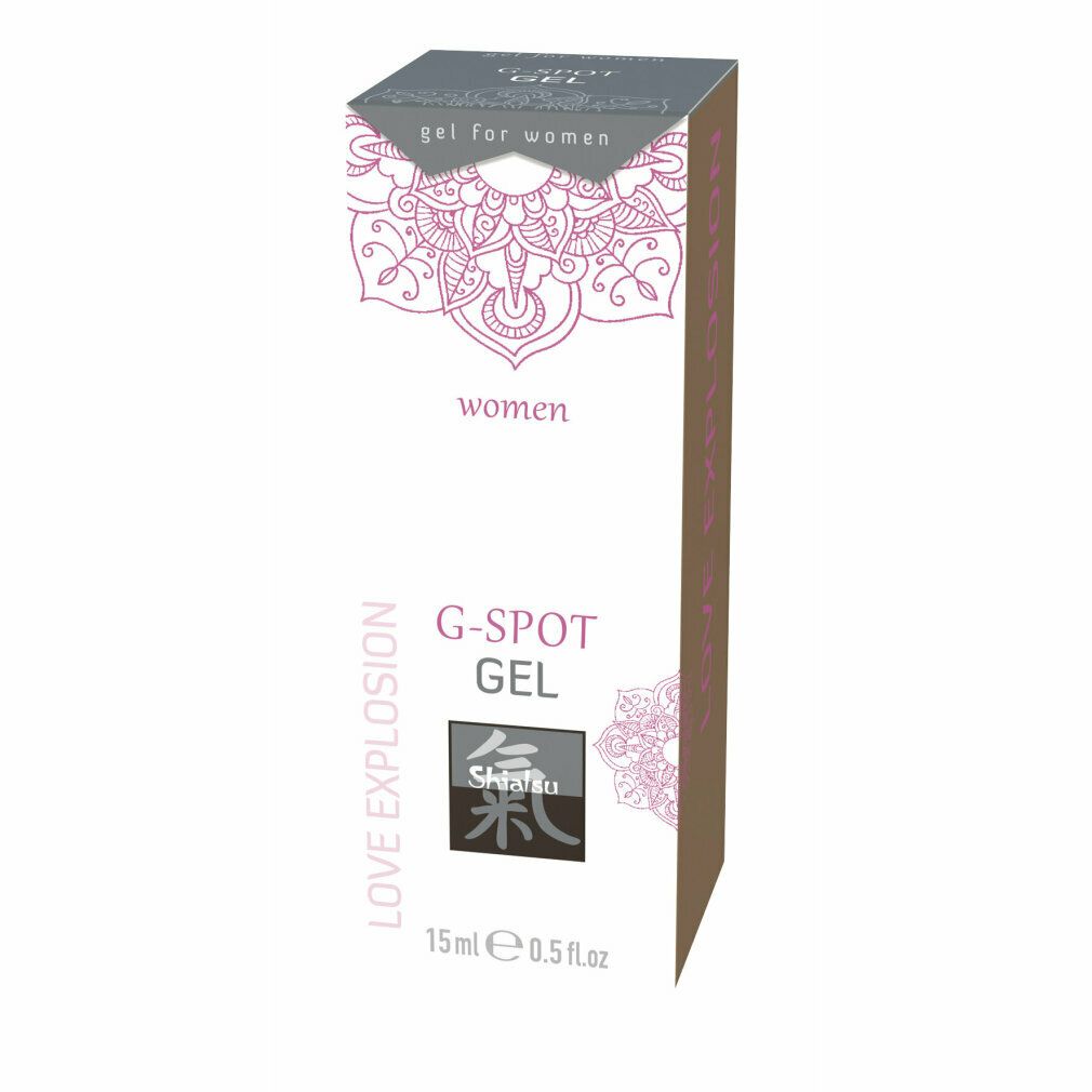 Kartonverpackung für G-SPOT GEL. Weiß mit rosa Mandala-Design. Text: "gel for women", "women", "G-SPOT GEL", "Shiatsu", 15ml 0.5 fl.oz.