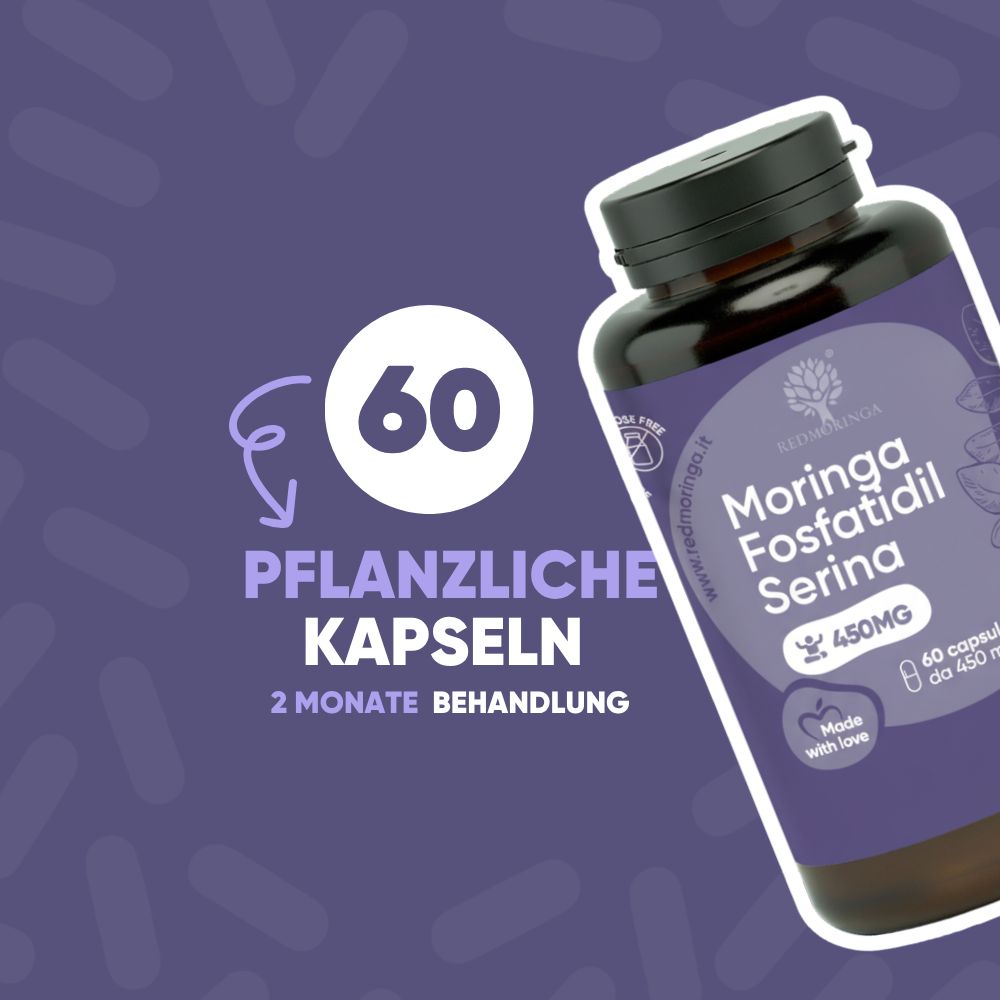 Flasche mit Moringa-Kapseln. Phosphatidylserin hilft, den Cortisolspiegel zu senken.