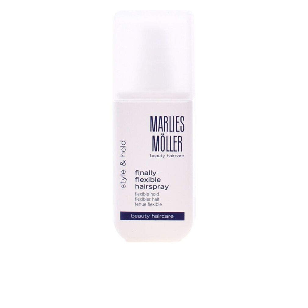 Weißes Marlies Möller Haarspray. Aufschrift: finally flexible hairspray. Mit weißem Deckel.
