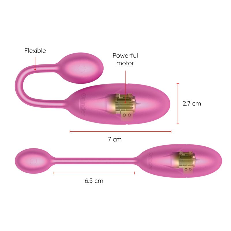 Rosa Ei mit flexiblem Teil. Maße: 7 cm x 2,7 cm und 6,5 cm. Sichtbarer Motor.