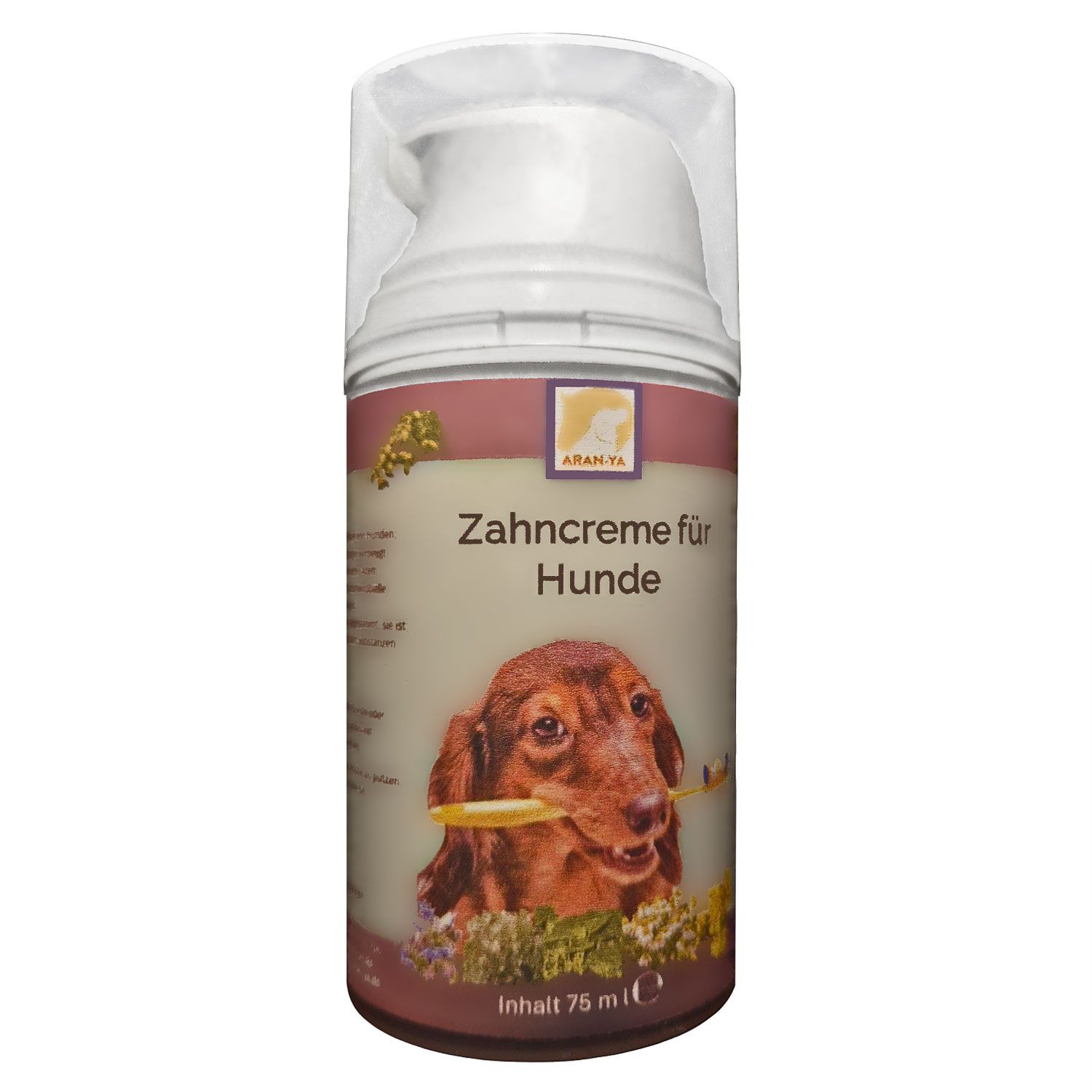 Zahncreme-Tube für Hunde. Aufschrift: Zahncreme für Hunde. Abbildung eines Hundes mit Zahnbürste. Inhalt 75 ml.