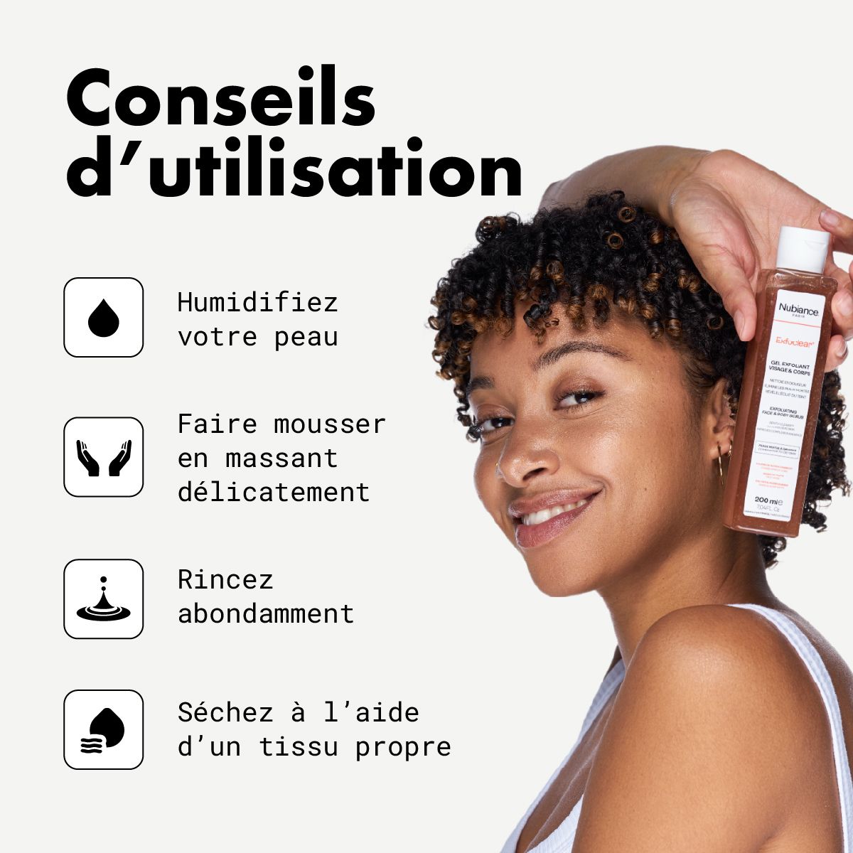 Anwendungshinweise: Haut befeuchten, einmassieren, abspülen, abtrocknen. Produktflasche.