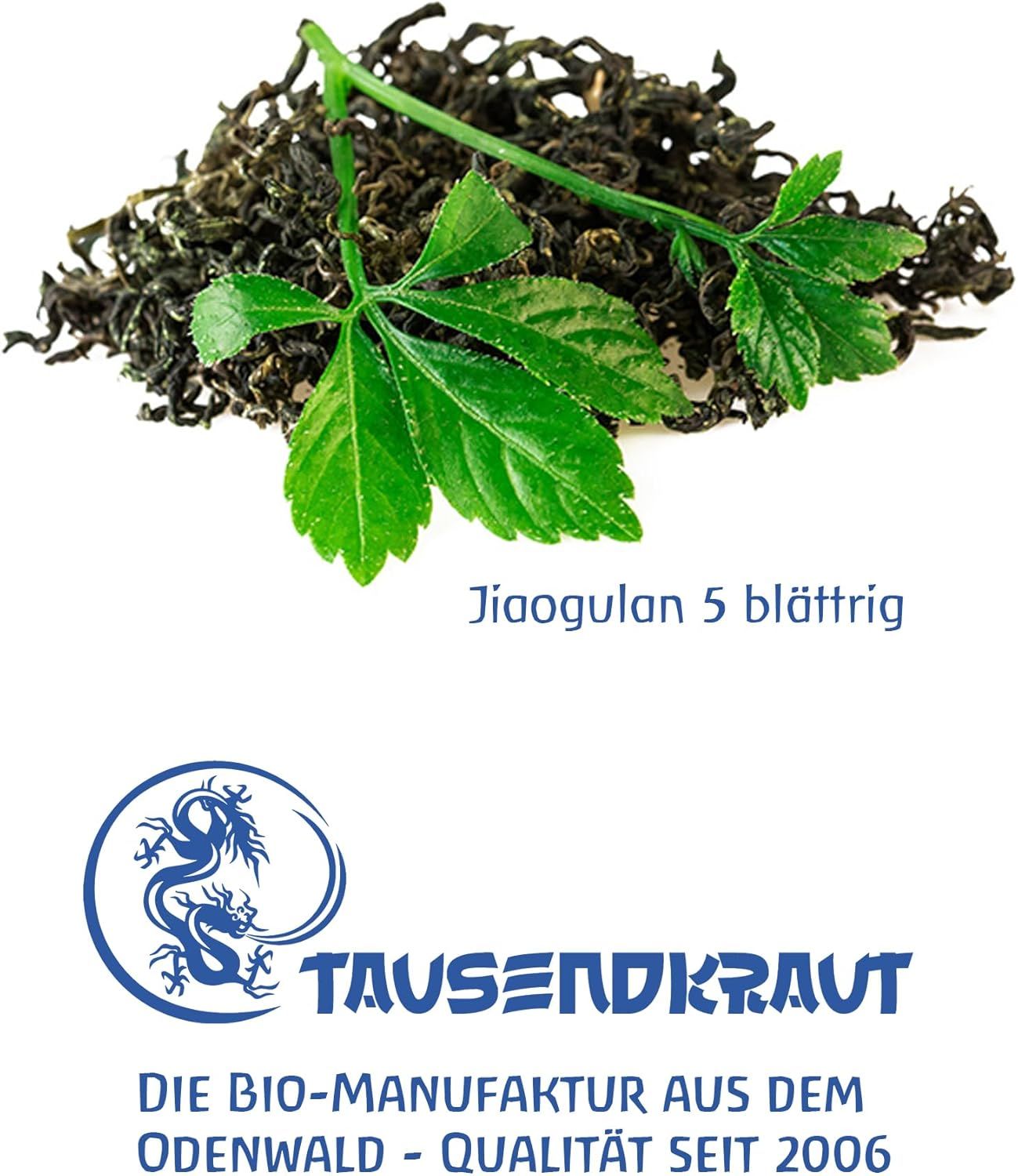 Jiaogulan-Blätter und -Stängel. Logo: Tausendkraut. Text: Die Bio-Manufaktur aus dem Odenwald - Qualität seit 2006.