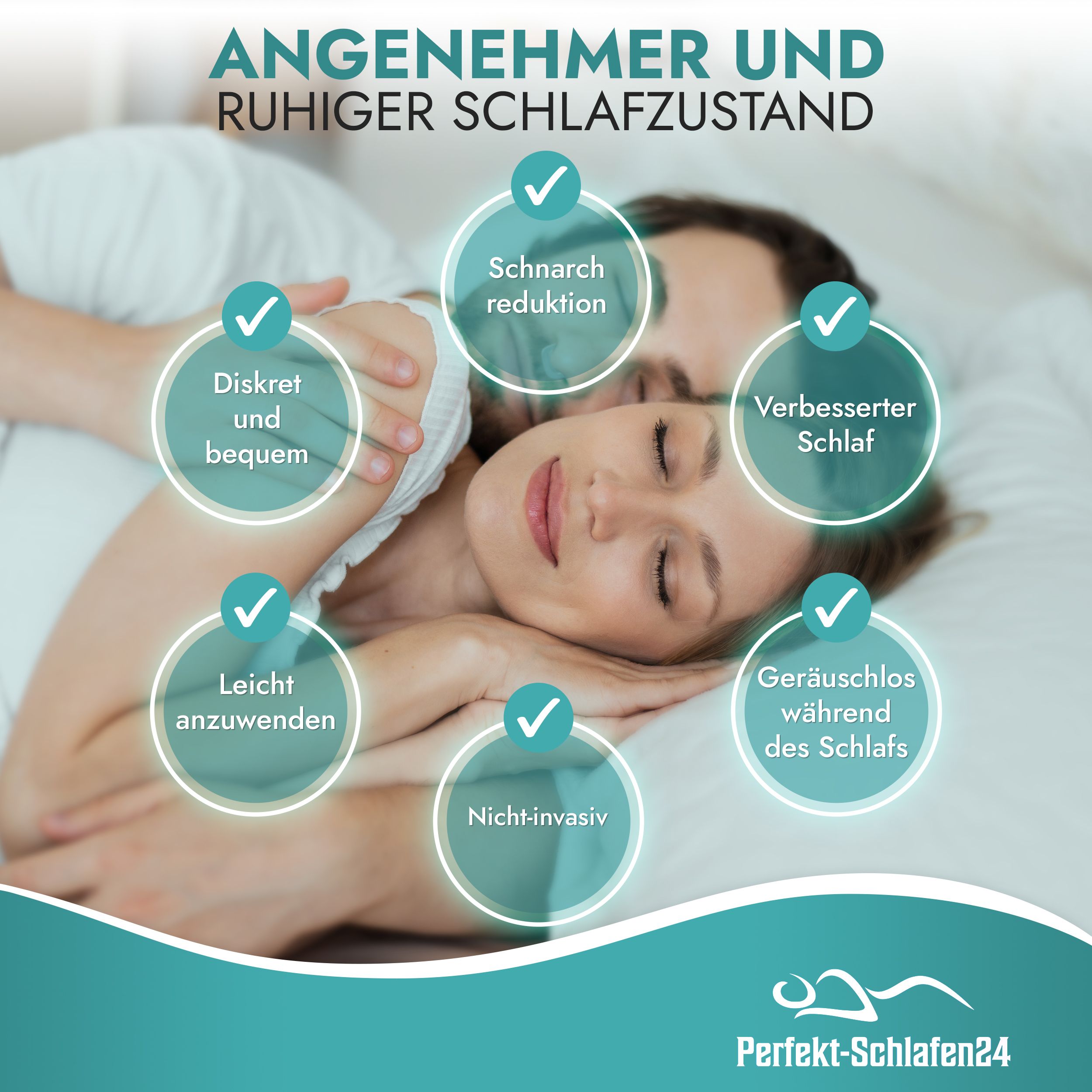 Paar schläft friedlich. Icons: Schnarchreduktion, diskret, verbesserter Schlaf, leicht anzuwenden, nicht-invasiv, geräuschlos. Logo: Perfekt-Schlafen24.
