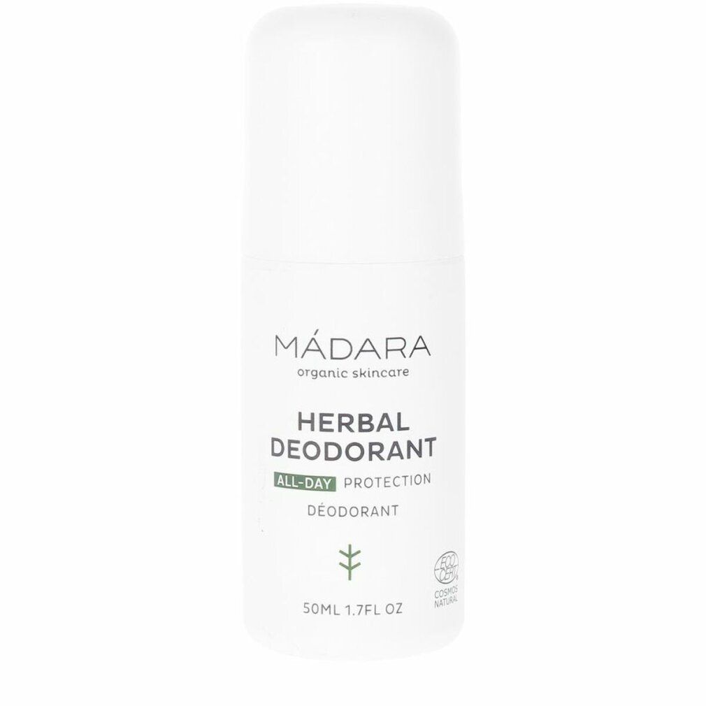 Weißer Roll-on-Deodorant mit 'MÁDARA' und 'HERBAL DEODORANT' Schriftzug.