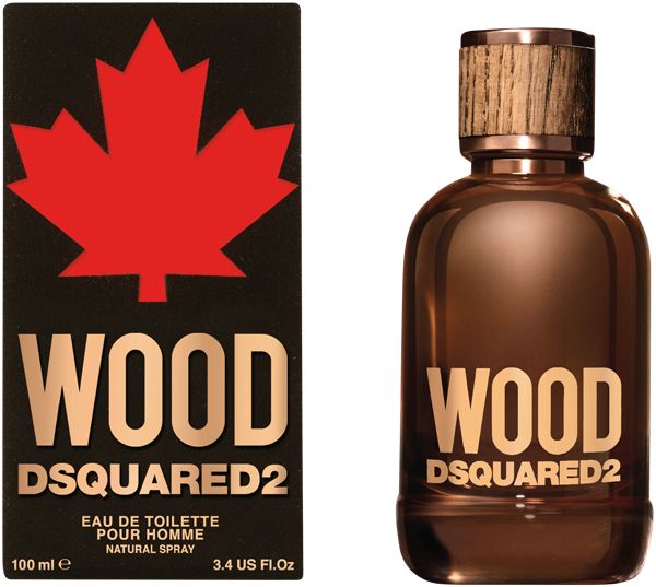 Dsquared2 Wood Eau de Toilette Flakon und Verpackung mit rotem Ahornblatt.