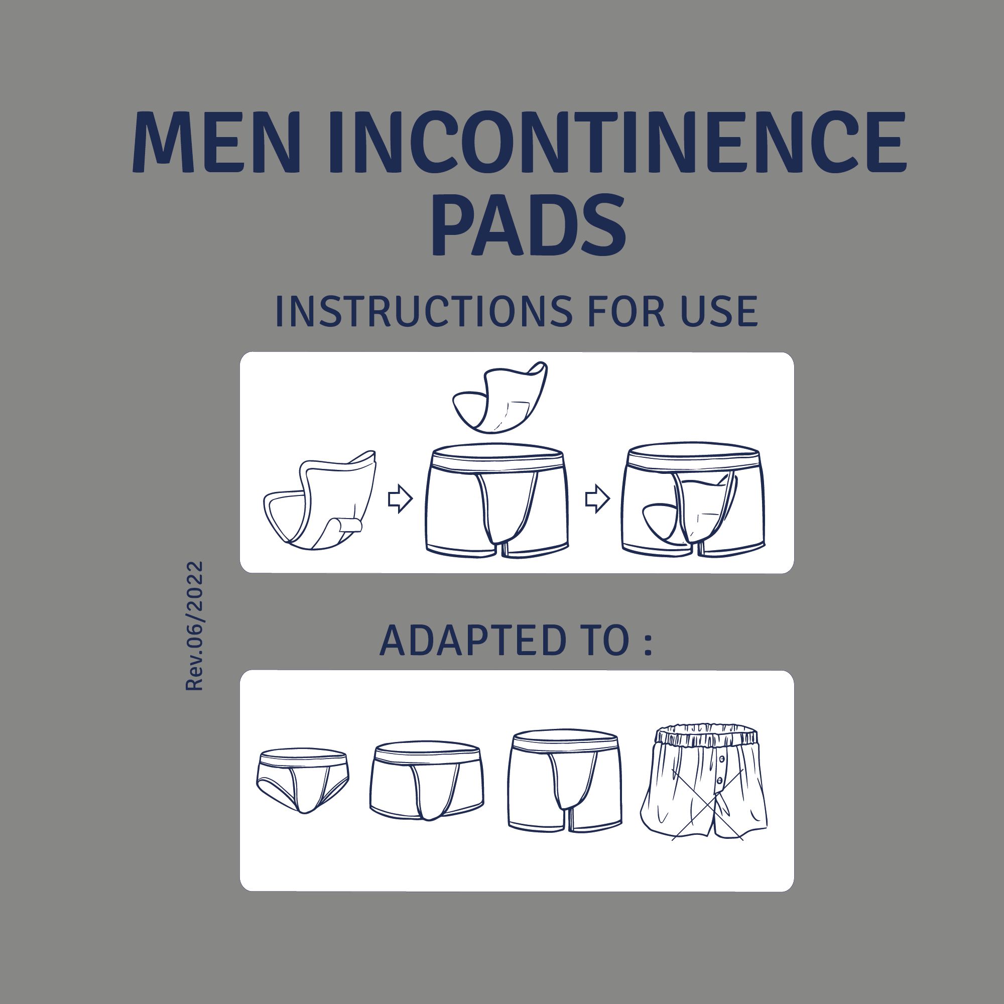 Instructies voor het gebruik van incontinentie-inlegkruisjes voor mannen. Illustraties tonen de toepassing. Geschikt voor diverse ondergoedtypes.