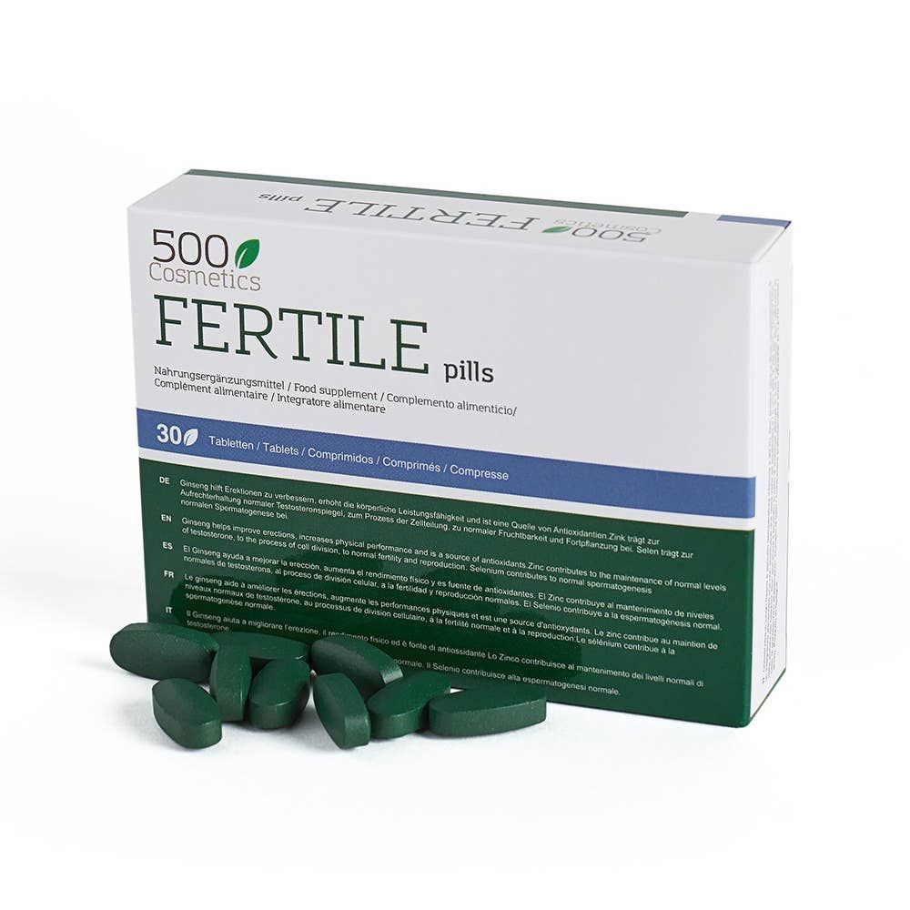 Schachtel "500 Cosmetics Fertile pills" mit grünen Tabletten. 30 Tabletten. Text in Deutsch, Englisch, Italienisch und Spanisch.