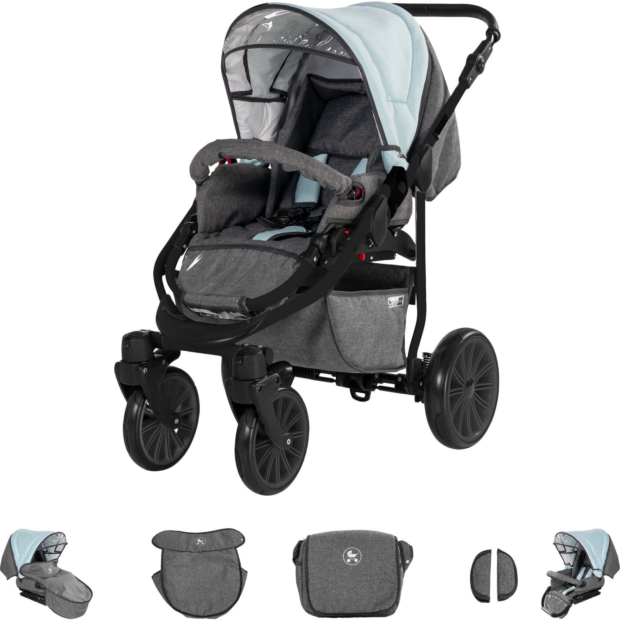 Friedrich Hugo Berlin 3 in 1 Kinderwagen mit Original Maxi Cosi, Luft Grey and Light Blue Night