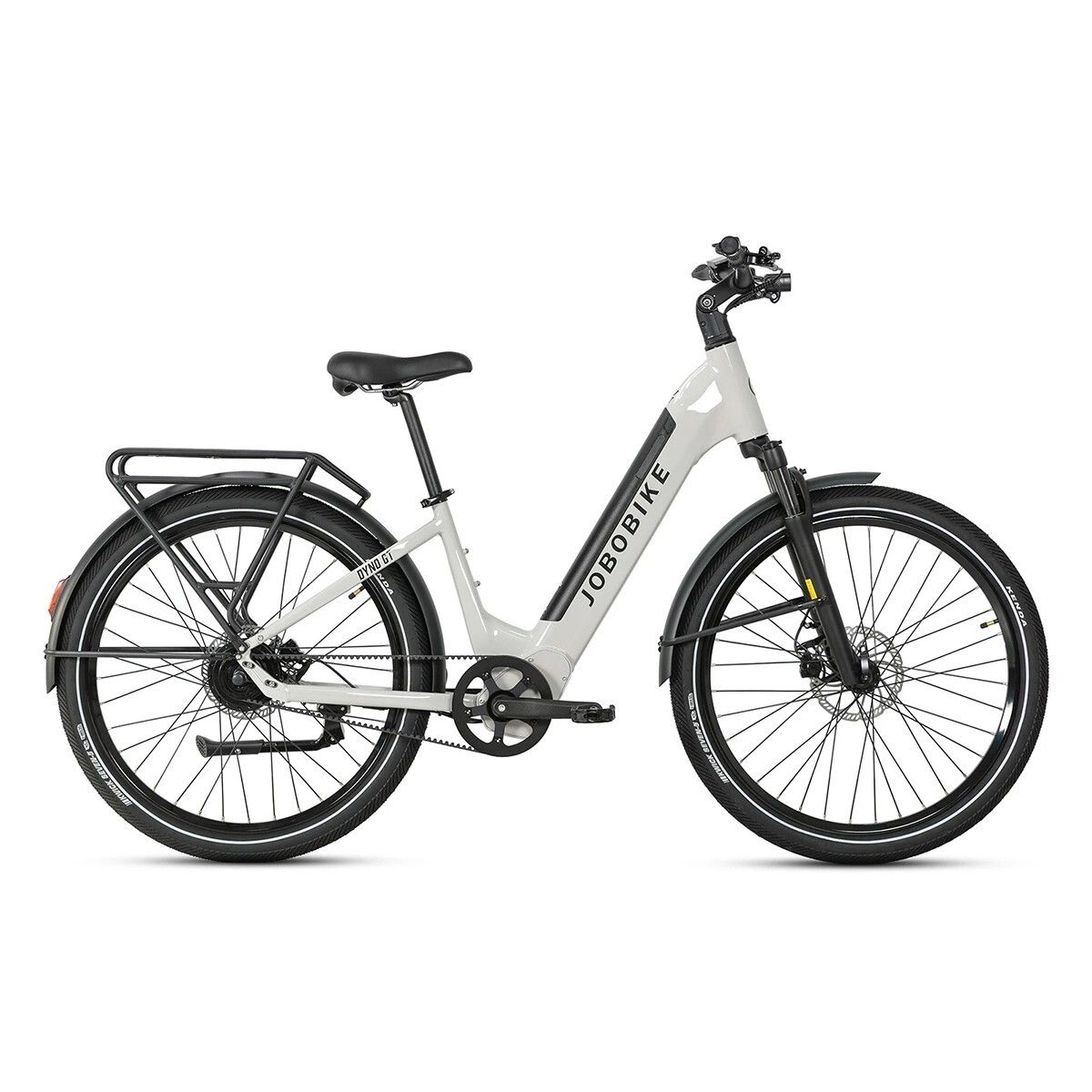 Graues Elektrofahrrad mit schwarzen Reifen und Gepäckträger. Der Rahmen trägt den Schriftzug JOBOBIKE.