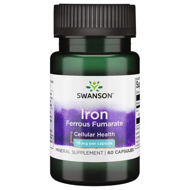 Grüne Flasche mit schwarzem Deckel. Etikett mit SWANSON, Iron Ferrous Fumarate, 18 mg pro Kapsel. 60 Kapseln.