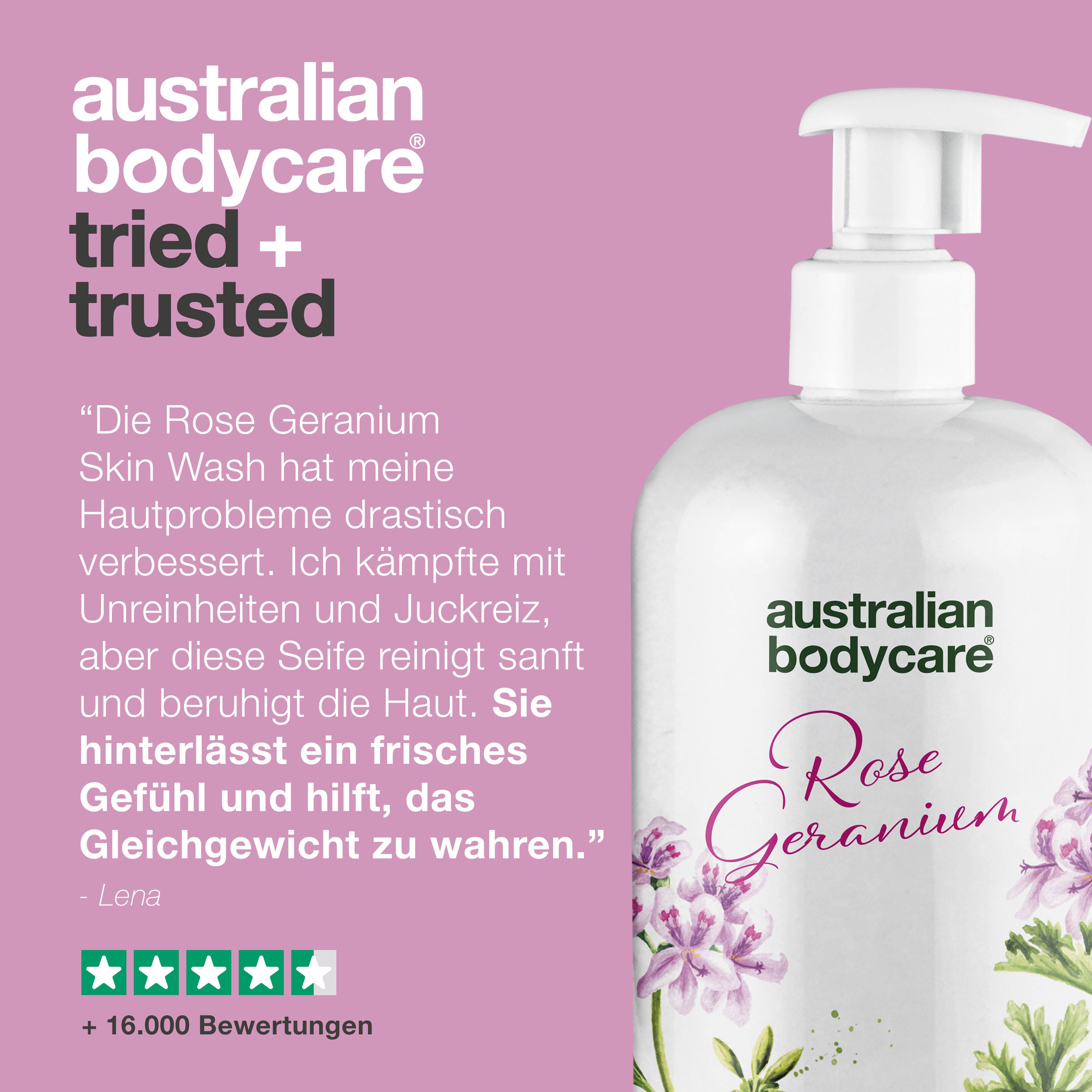 Produktflasche mit Pumpe. Aufschrift: Rose Geranium, Tea Tree Oil Skin Wash. Text: Getestet und bestätigt.