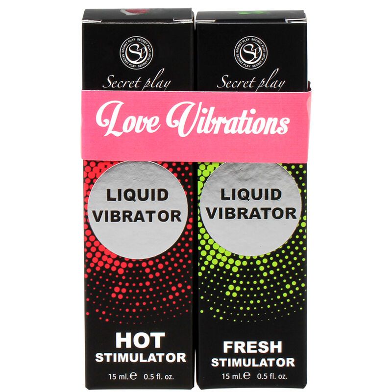 Zwei schwarze Schachteln mit "Secret Play Love Vibrations"-Logo. Aufschrift: "Liquid Vibrator", "Hot Stimulator" und "Fresh Stimulator".