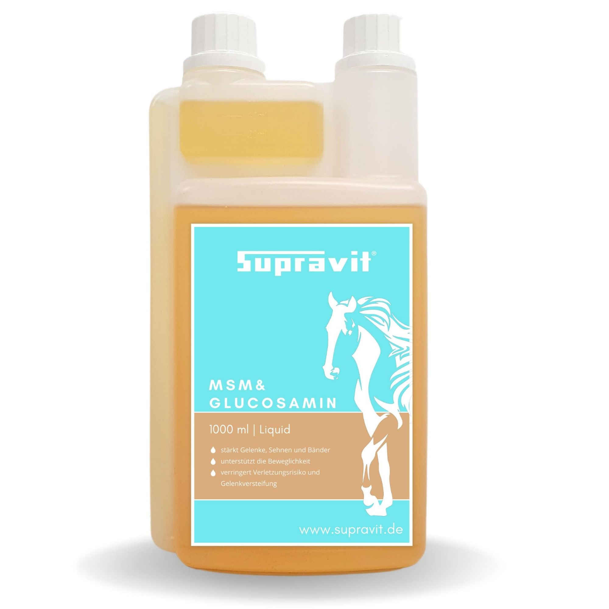 Flüssiges Ergänzungsfuttermittel. Aufschrift: Supravit MSM & Glucosamin. Flasche mit gelber Flüssigkeit und weißem Etikett.