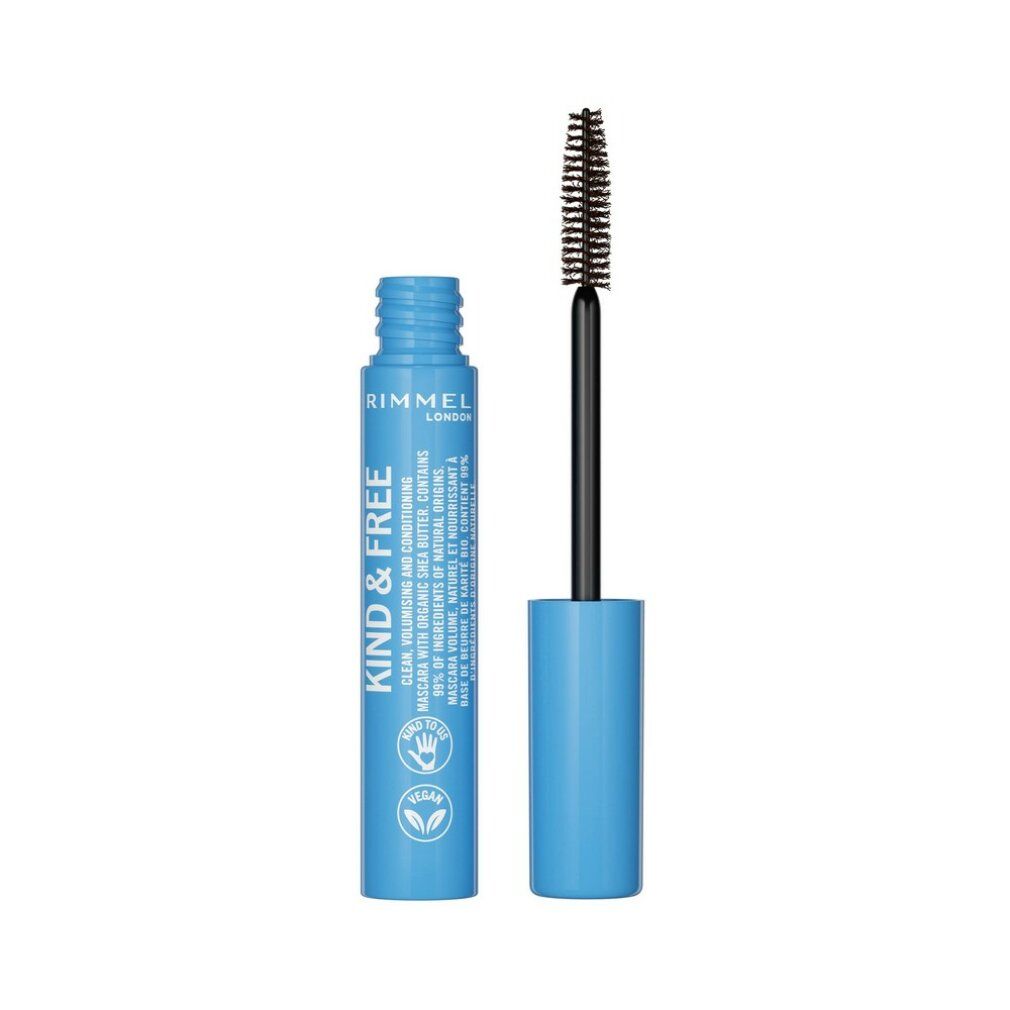 Rimmel Kind & Free Mascara, 02 Braun Schwarz, mit herausgezogenem Bürstenapplikator.