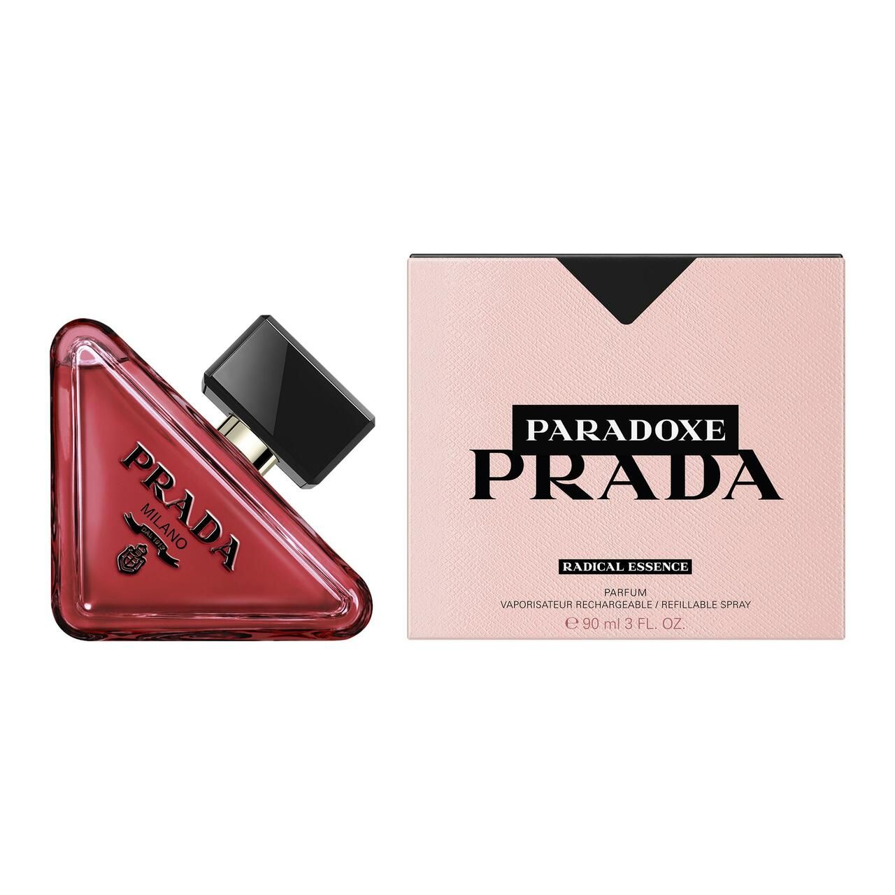 Roter Flakon und rosa Verpackung. Auf der Verpackung steht 'PARADOXE PRADA' und 'RADICAL ESSENCE'.