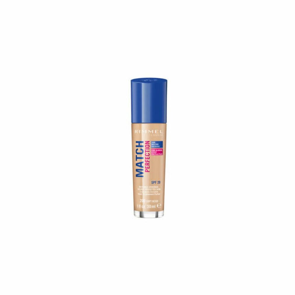 Rimmel Match Perfection Foundation. Flasche mit blauem Deckel. Farbton 200 Soft Beige. SPF 20. Sichtbare Produktinformationen.