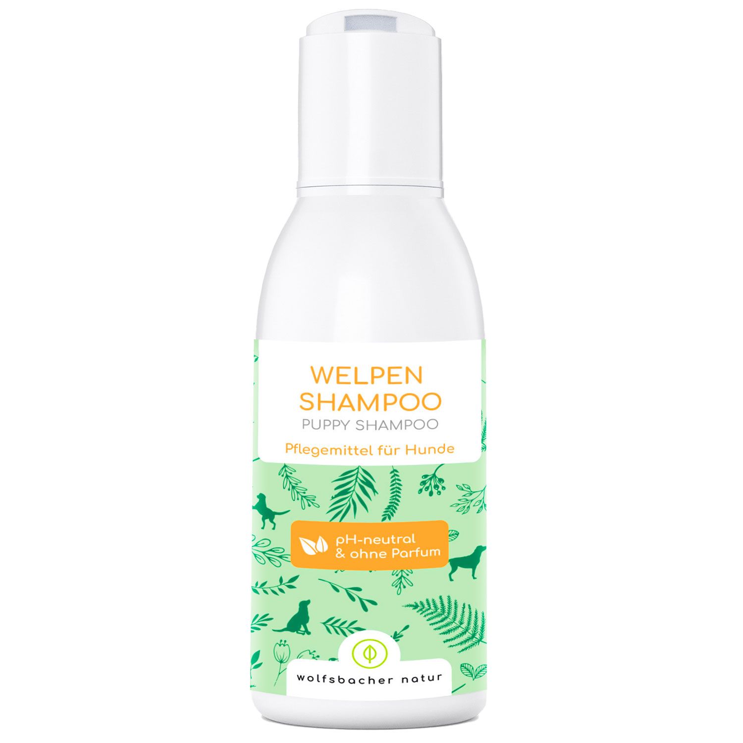 Weiße Flasche mit grünem Etikett. Aufschrift: Welpen Shampoo, pH-neutral & ohne Parfum. Illustrationen von Blättern und Hunden.