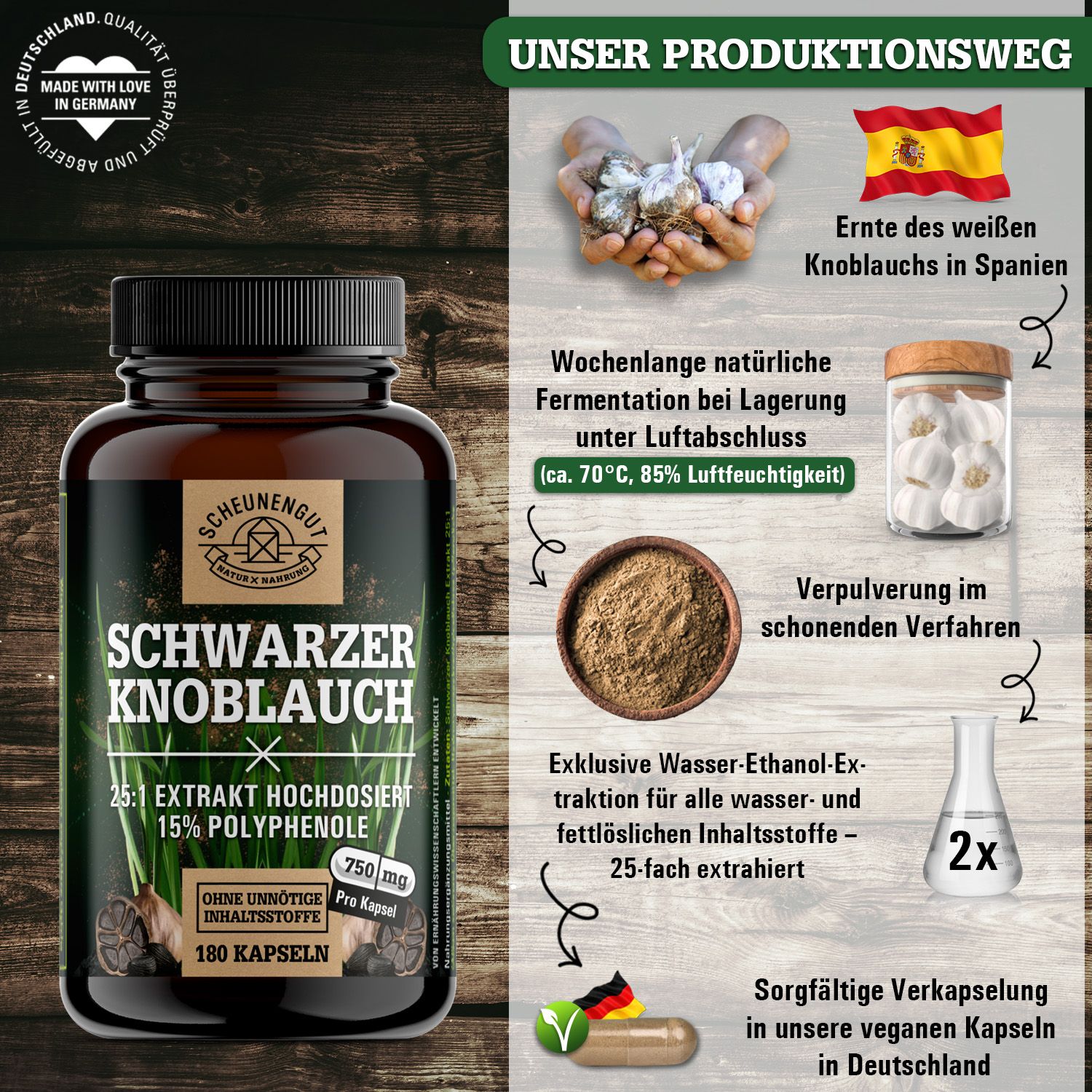 Scheunengut® Schwarzer Knoblauch | 25:1 Extrakt mit natürlichem S-Allylcystein, Allicin & Alliin