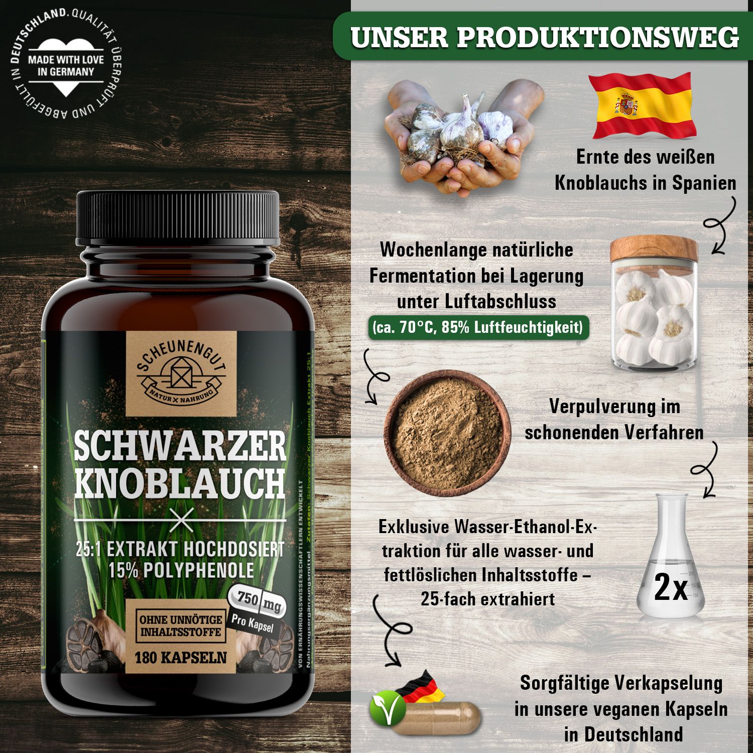 Scheunengut® Schwarzer Knoblauch | 25:1 Extrakt mit natürlichem S-Allylcystein, Allicin & Alliin 180 St Kapseln