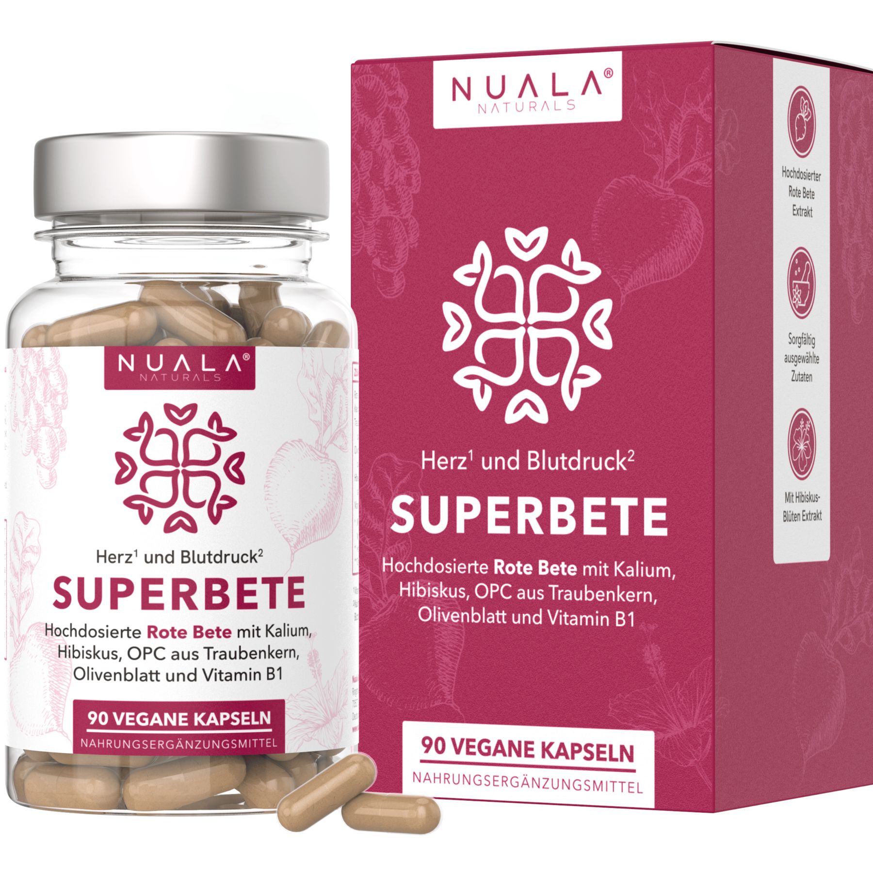 Nuala Naturals Superbete-Kapseln und Verpackung. Rote Bete, Hibiskus, OPC, Olivenblatt, Vitamin B1. 90 vegane Kapseln.