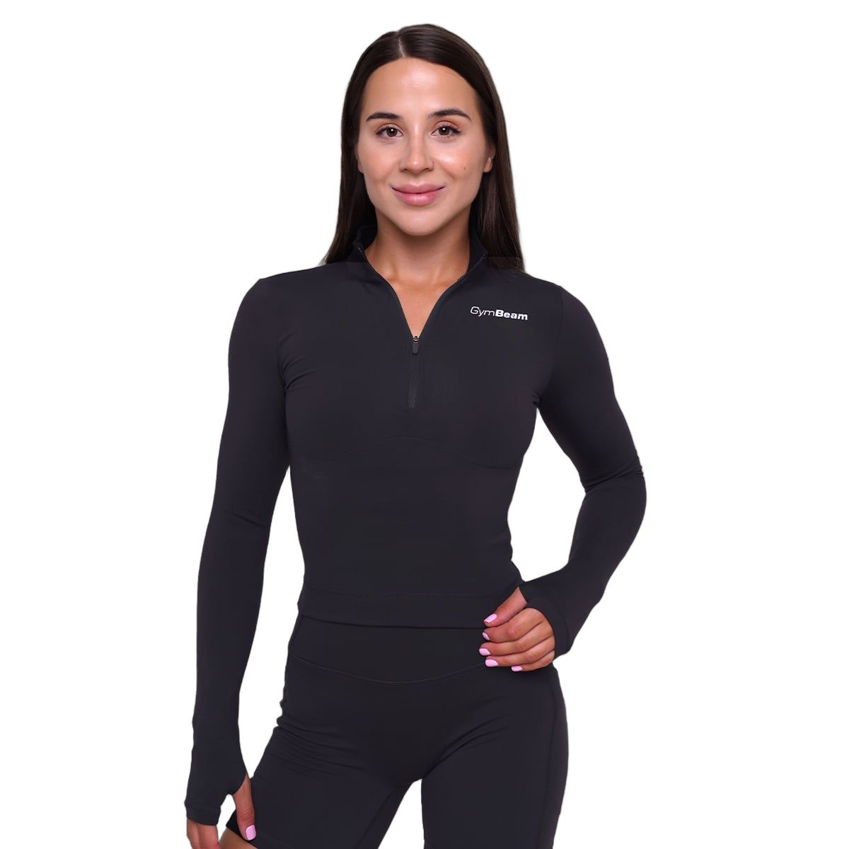 GymBeam Sport-Top Damen Ignite körpernah mit Kragen und Langarm in Schwarz 1 St