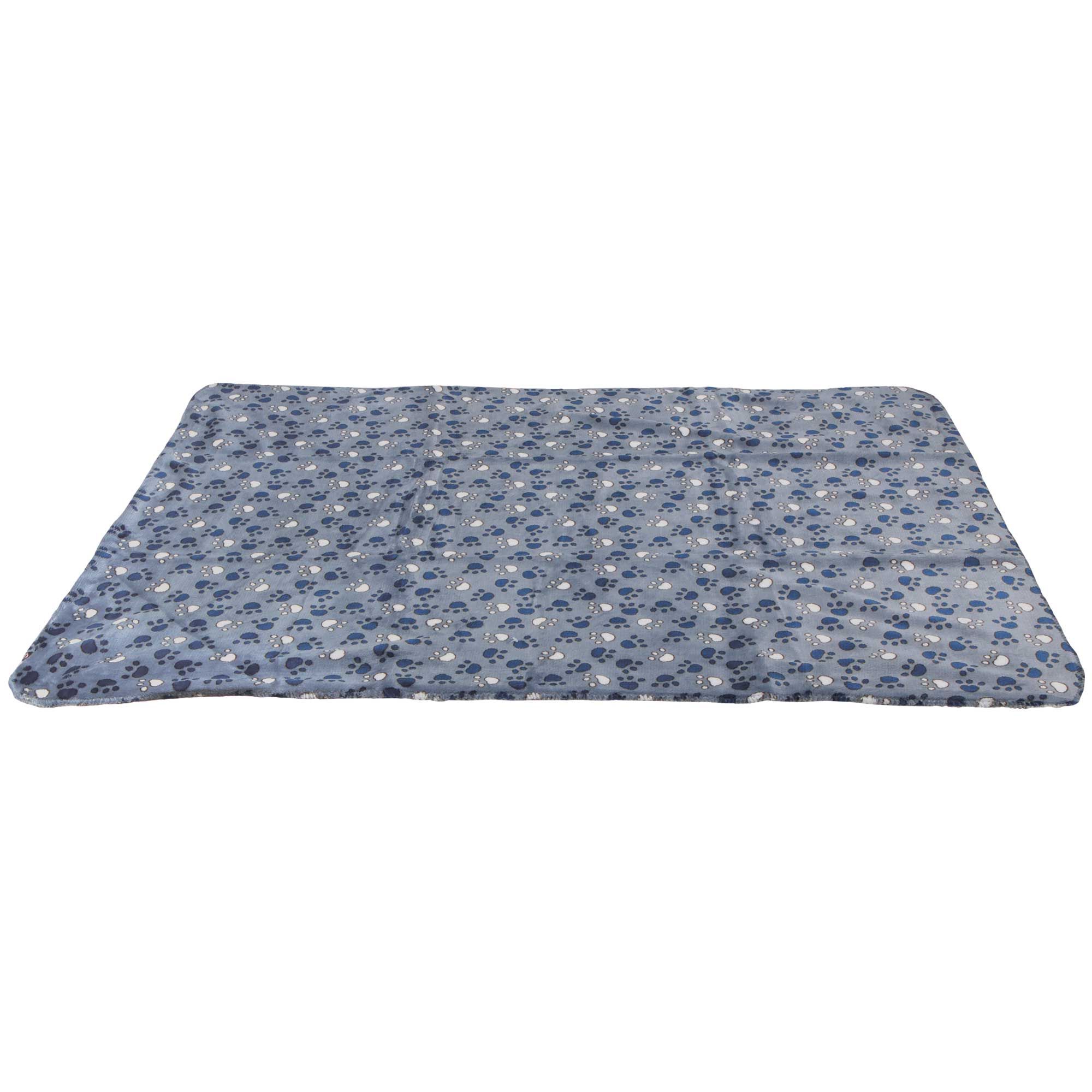 Hundedecke mit Pfotenmuster. Blau-grau mit weißen und blauen Pfoten. Rechteckige Form.