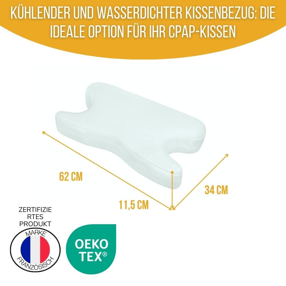 Hellblaues, ergonomisches Kissen. Schmetterlingsform. Für CPAP-Geräte. Abmessungen.