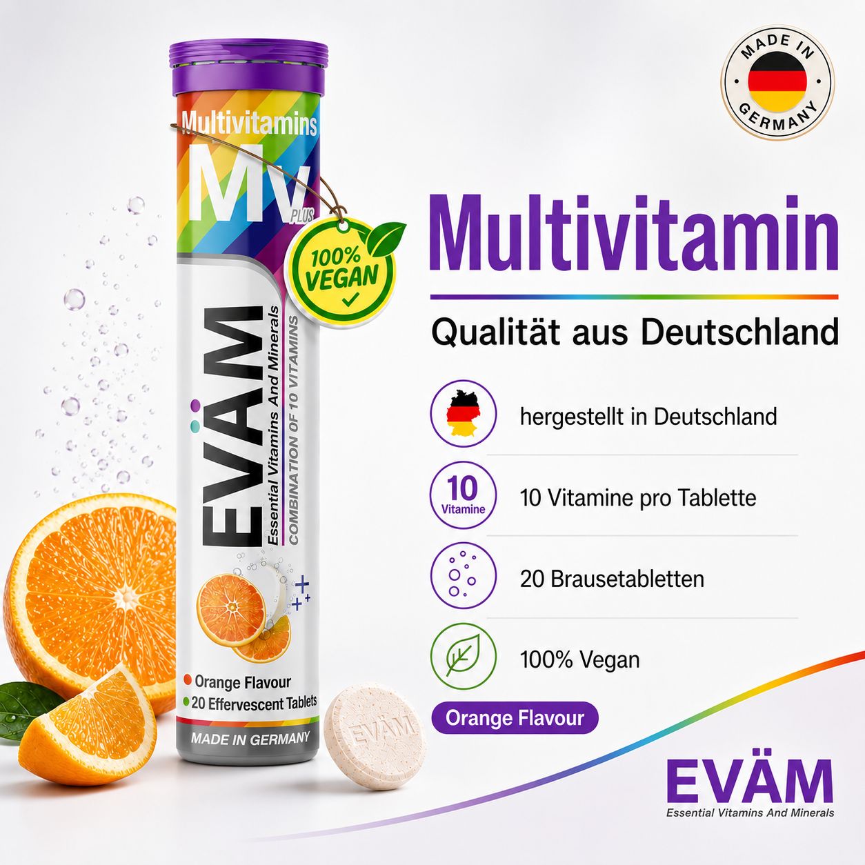 EVÄM Multivitamin Brausetabletten: 10 Vitamine pro Tablette, 20 Stück, Orange, 100% Vegan, Made in Germany.