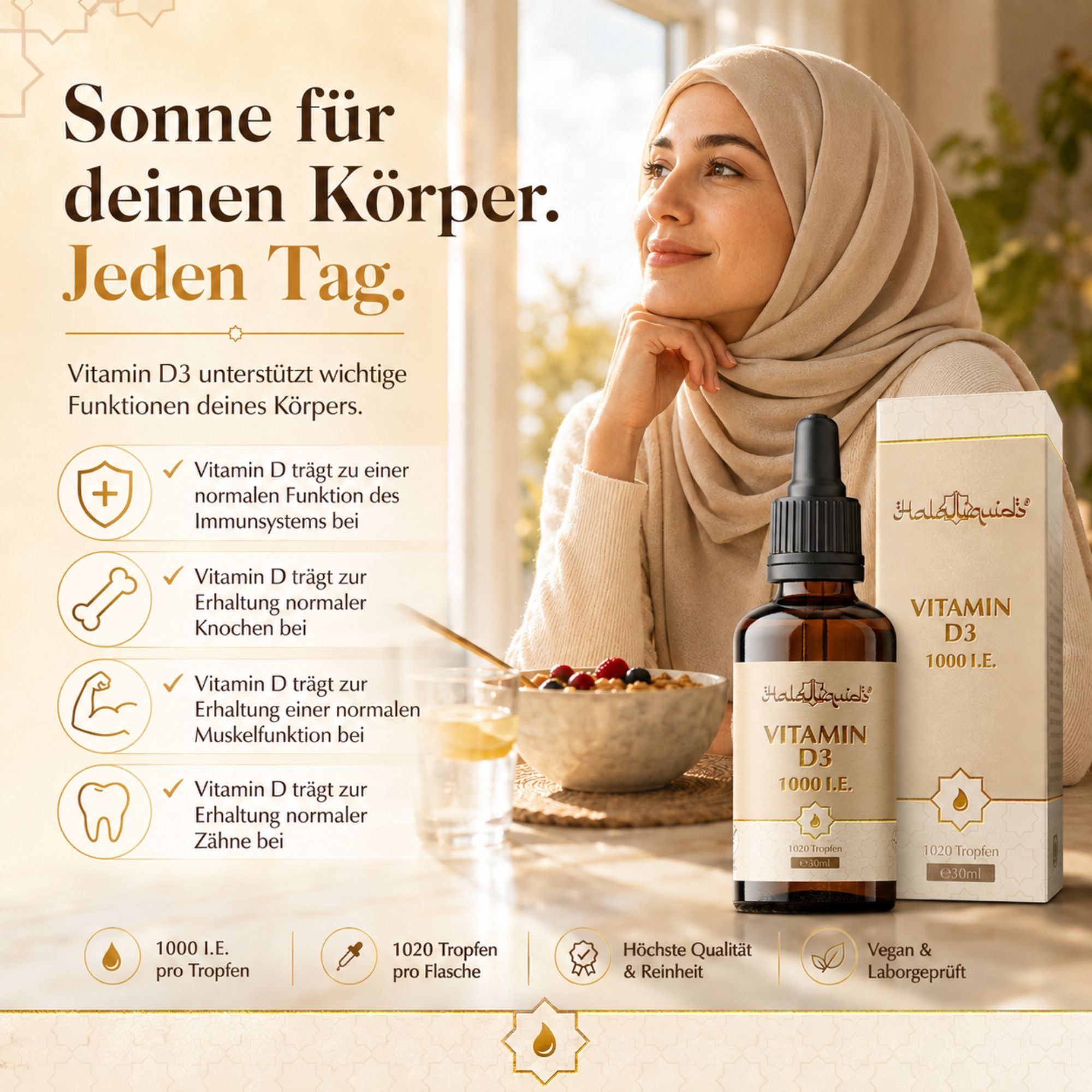 Frau blickt nach oben, neben ihr Flasche und Schachtel Vitamin D3 Tropfen 1000 I.E.