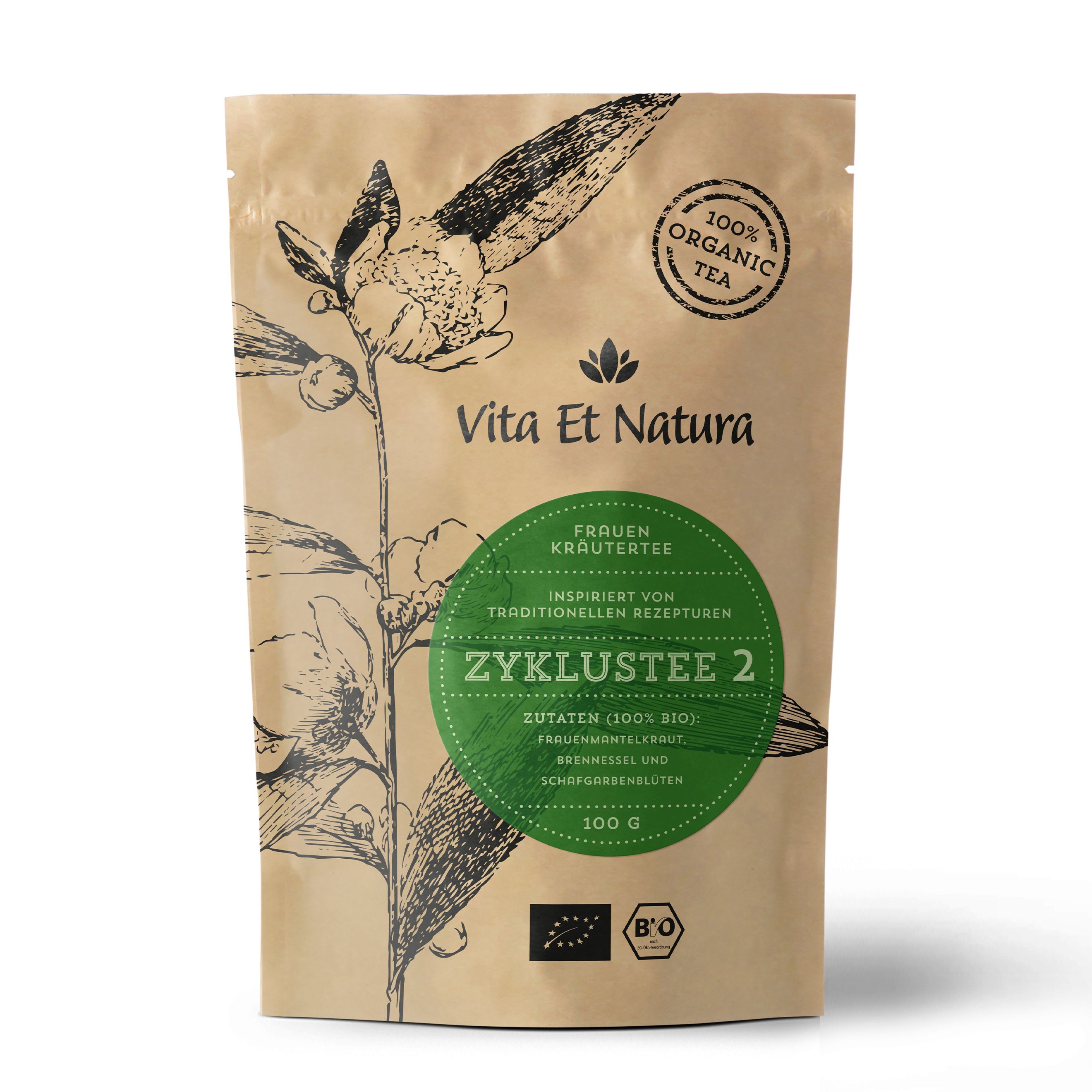 Braune Teeverpackung mit grünem Kreis und Text 'Zyklustee 2'. Logo: Vita Et Natura. Text: Frauen Kräutertee, Zutaten (100% BIO). Bio-Siegel.