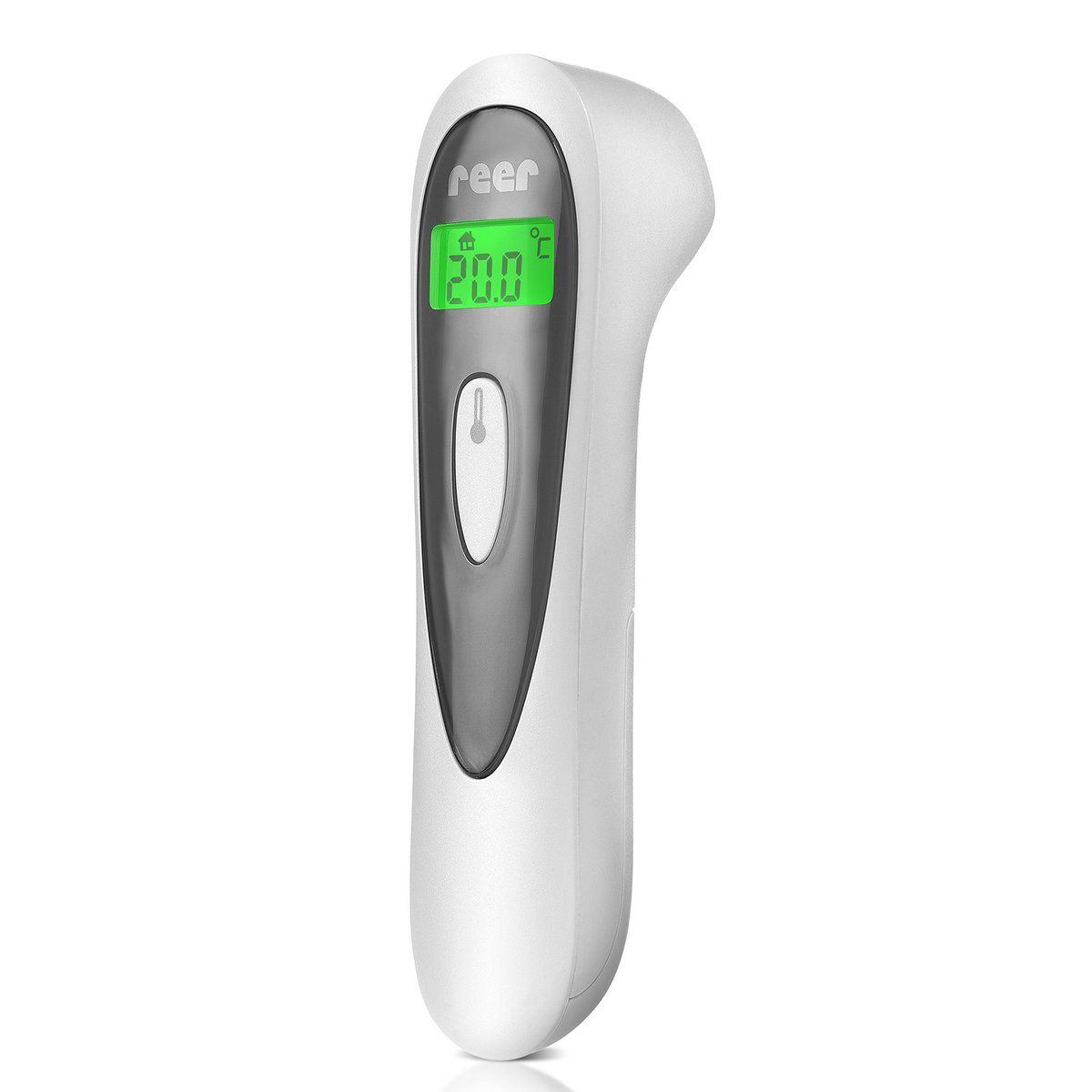 Weißes, kontaktloses Infrarot-Thermometer mit digitaler Anzeige. Marke: reer. Zeigt 20,0 °C an.