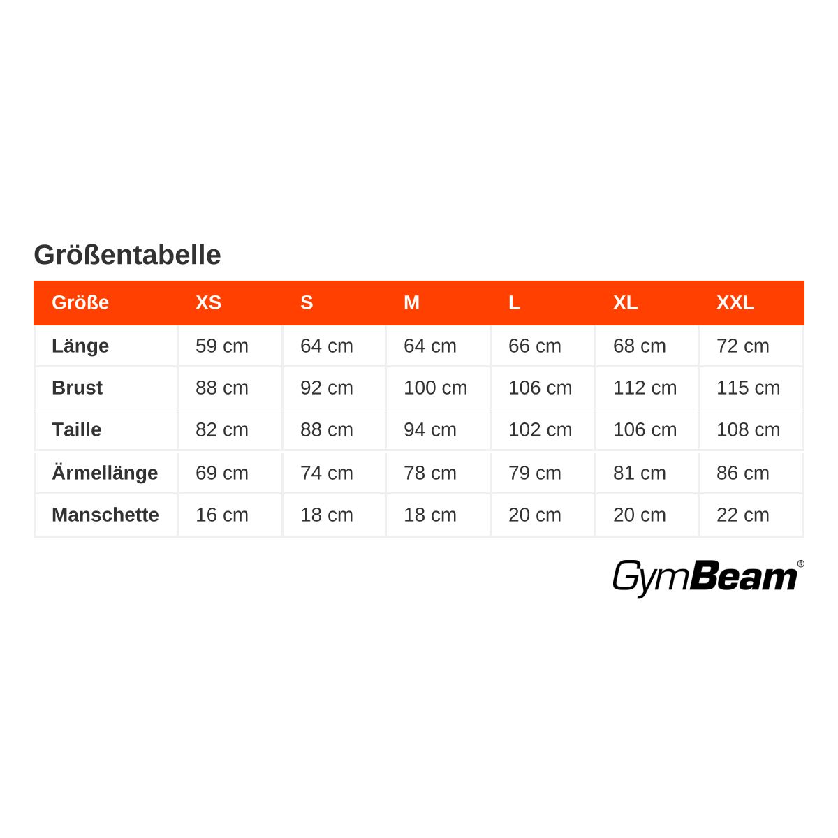 Größentabelle mit Maßen für Länge, Brust, Taille, Ärmellänge und Manschette von XS bis XXL. GymBeam Logo unten rechts.