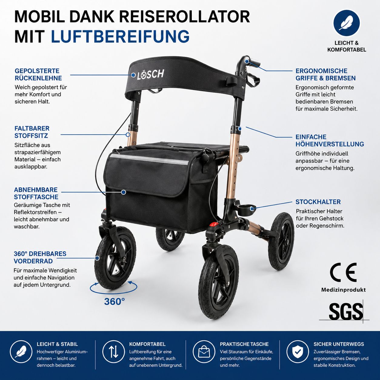 Rollator mit Luftbereifung. Schwarzer Sitz, Tasche und Räder. Goldfarbener Rahmen. Ergonomische Griffe. CE-Kennzeichnung und SGS-Siegel.