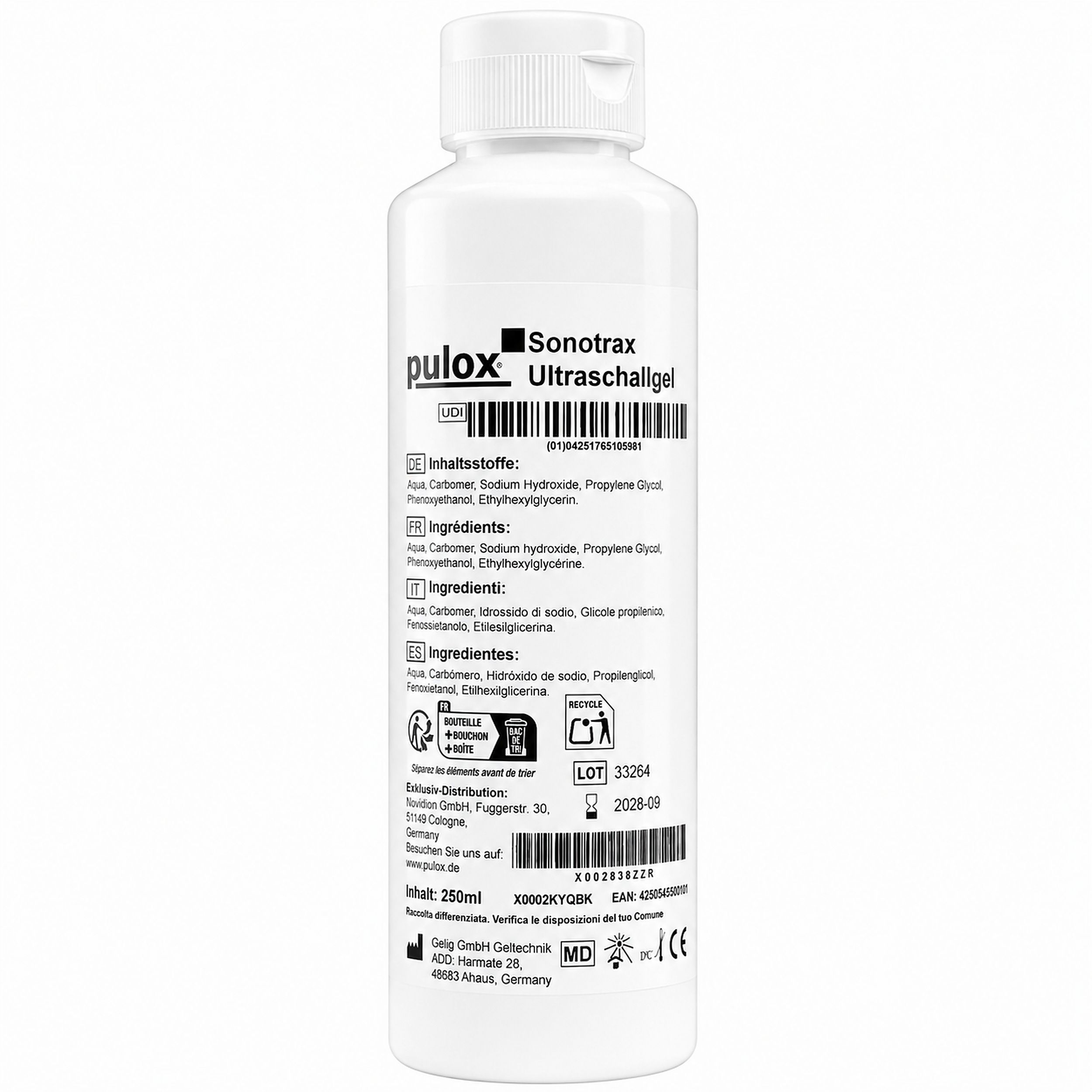 Pulox Sonotrax Ultraschallgel Flasche, 250ml. Rückseite mit Inhaltsstoffen und Chargennummer.