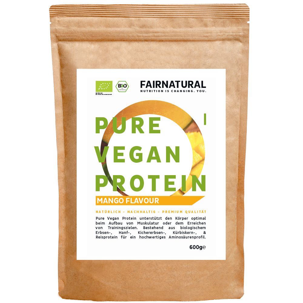 Beutel FAIRNATURAL Bio Vegan Protein-Pulver, Mango-Geschmack. Text: Pure Vegan Protein, 600g. Bio-Siegel und FAIRNATURAL Logo.