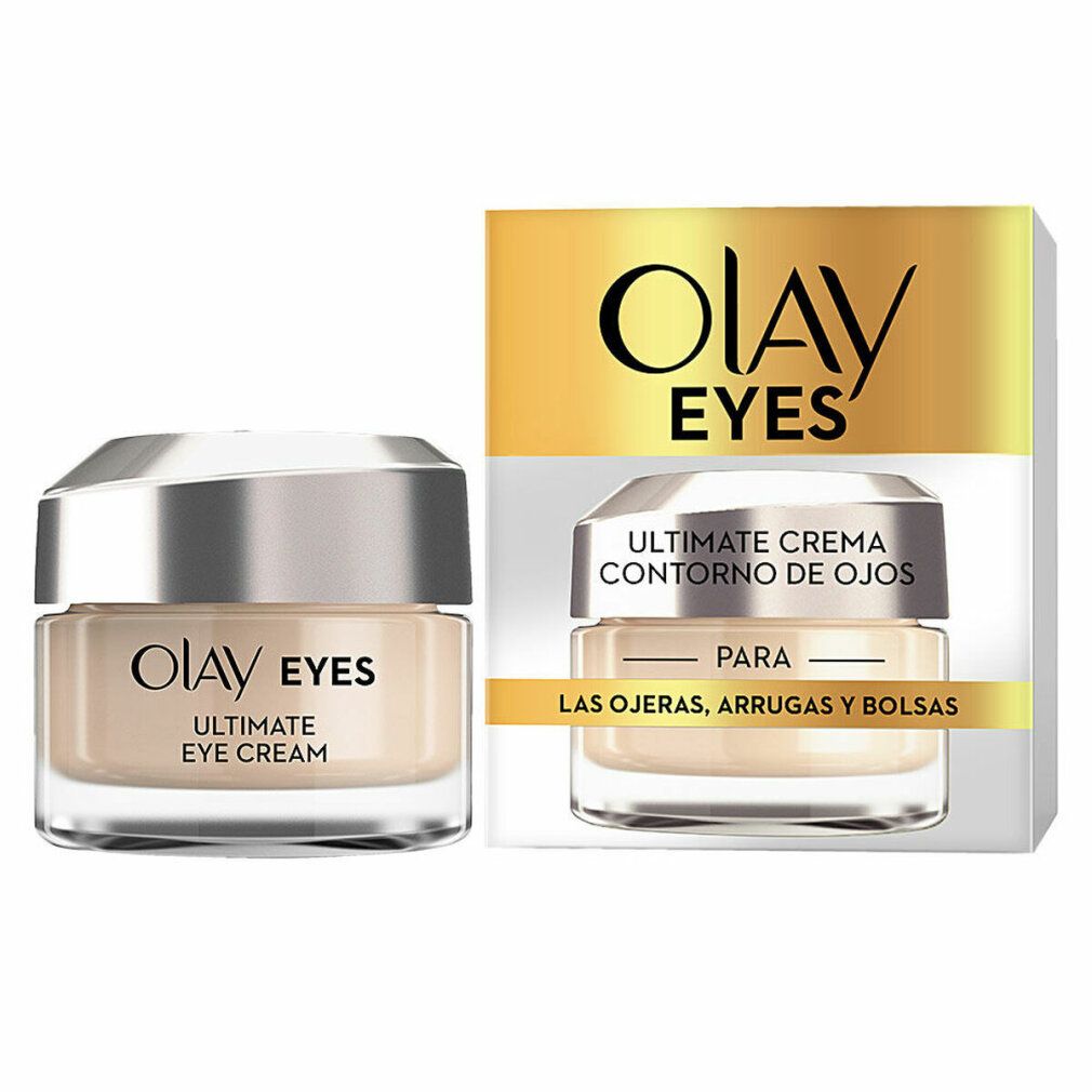 Olay Eyes Ultimate Eye Cream. Creme-Glas mit silbernem Deckel und Karton. Text: Olay Eyes, Ultimate Eye Cream, Contorno de Ojos.