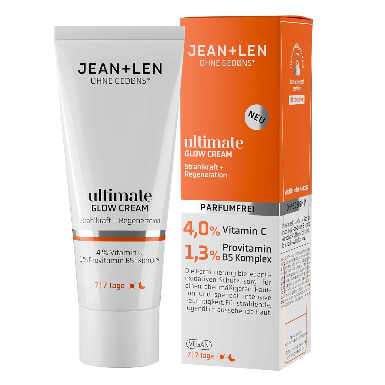 Produktverpackung. Weiße Tube und orangefarbener Karton. Text: Jean & Len Ultimate Glow Cream, 4,0% Vitamin C, 1,3% B5 Komplex.