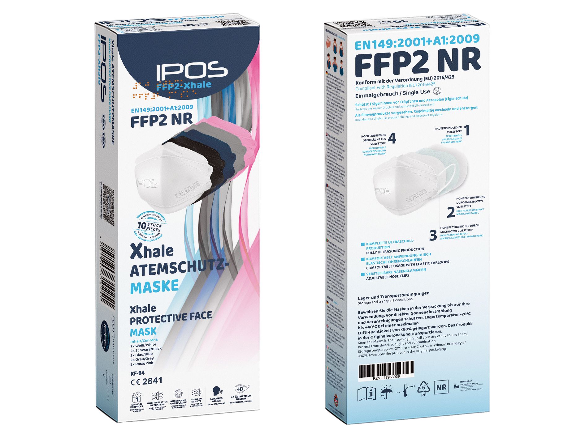 Verpackung mit Atemschutzmasken. Vorder- und Rückseite der Verpackung. Aufschrift: IPOS, FFP2 NR, Xhale Atemschutzmaske.