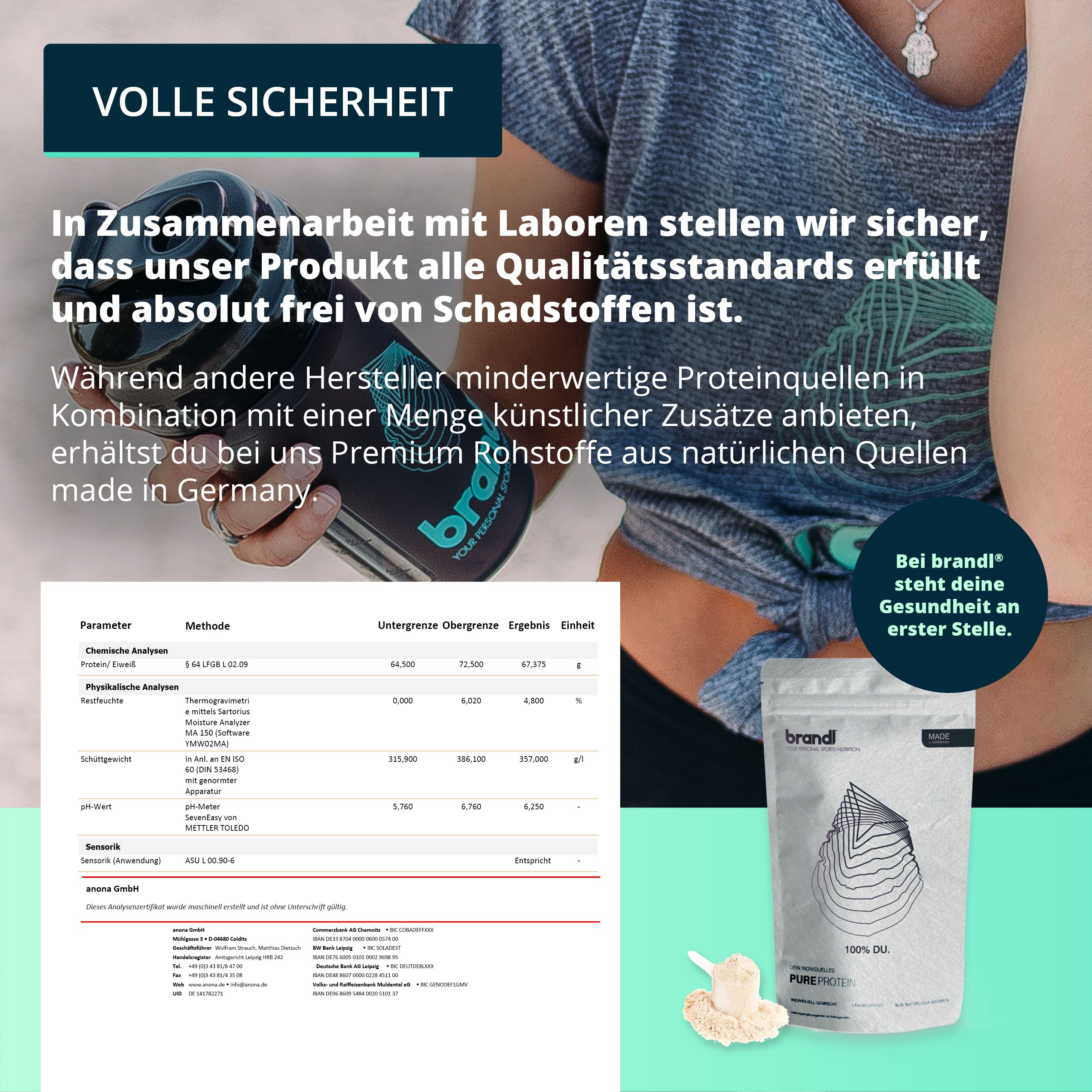 Person hält Shaker und Beutel. Text: Premium Rohstoffe, Made in Germany, Laboranalysen, frei von Schadstoffen.