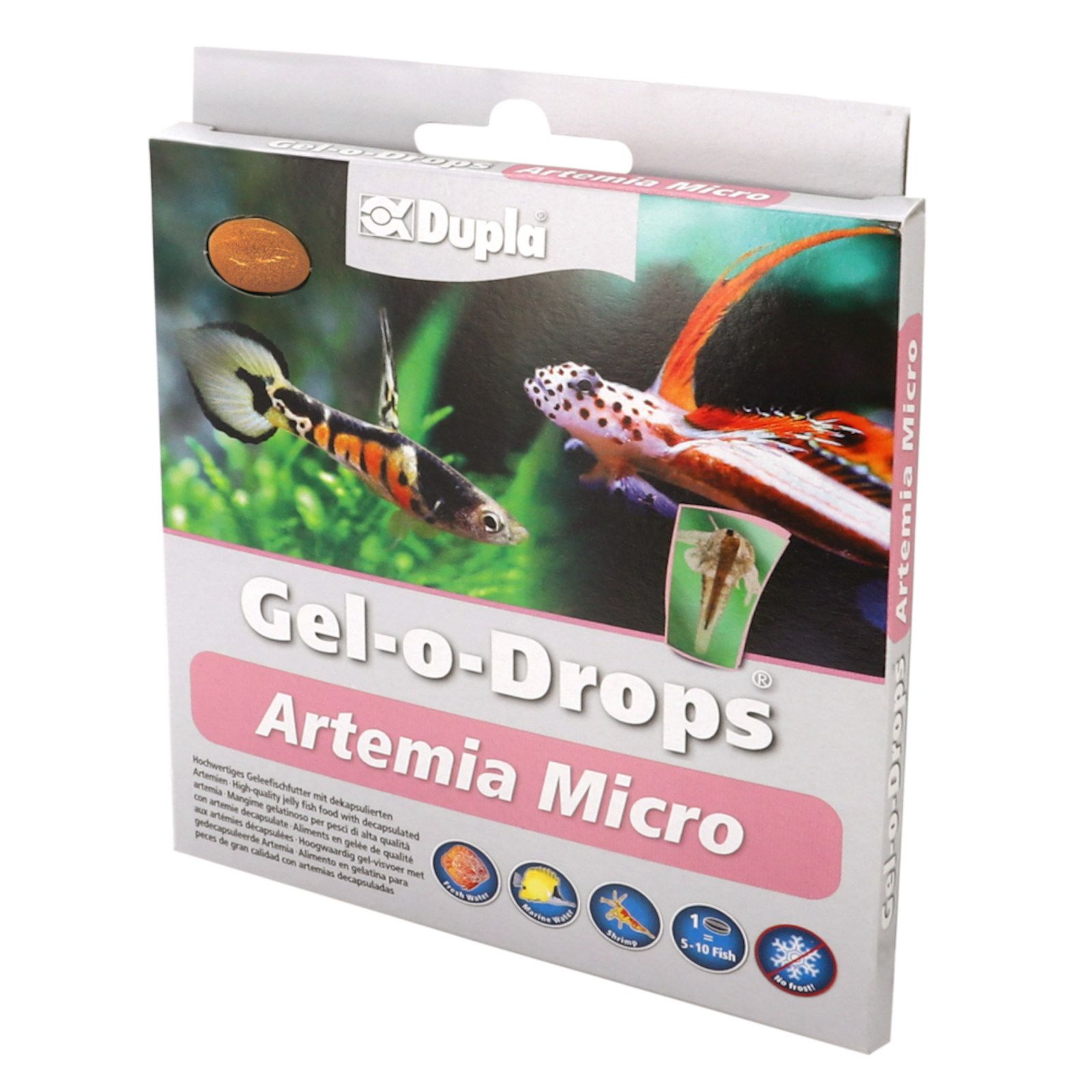 Verpackung mit Produktabbildung und Schriftzug 'Gel-o-Drops Artemia Micro'. Fischfutter mit Fisch- und Artemia-Illustrationen.