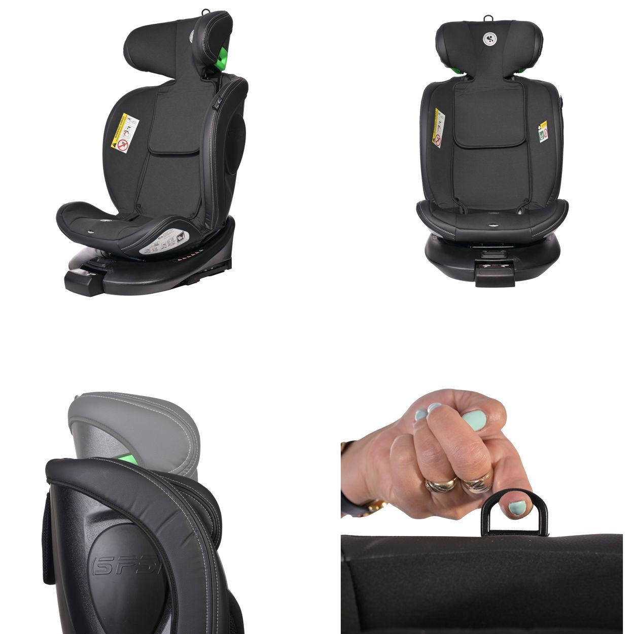 Kindersitz in Grau mit Kopfstütze und Gurten.