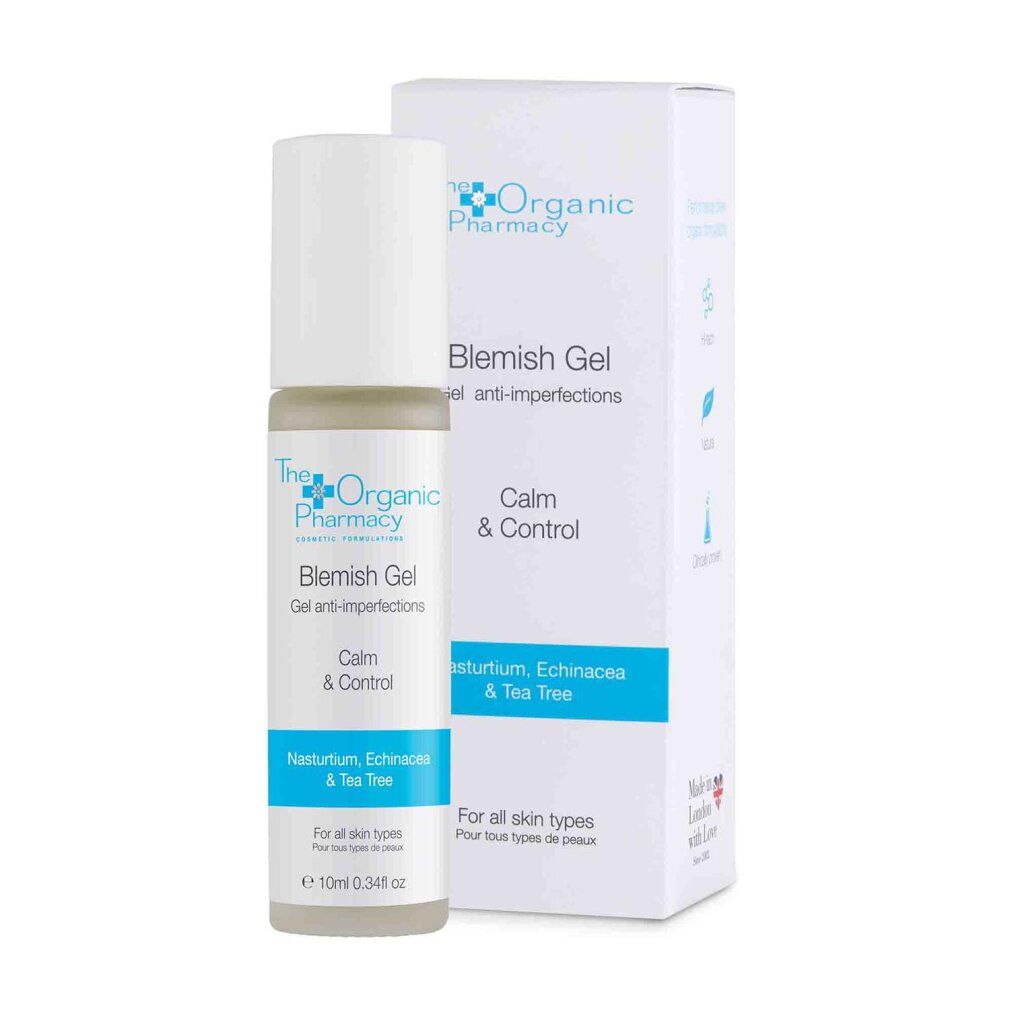 The Organic Pharmacy Blemish Gel und Verpackung. Roll-on-Flasche und Schachtel. Blaue und weiße Etiketten mit Produktinformationen.
