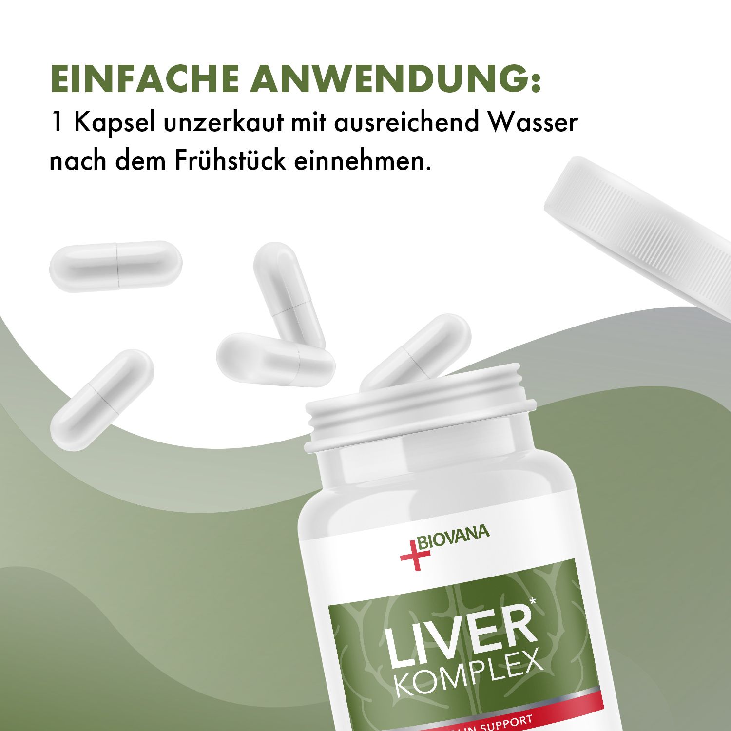 Weißes Pillenbehälter mit grüner Aufschrift LIVER KOMPLEX. Kapseln fallen aus der Flasche. Marke: Biovana. Text: Einfache Anwendung.
