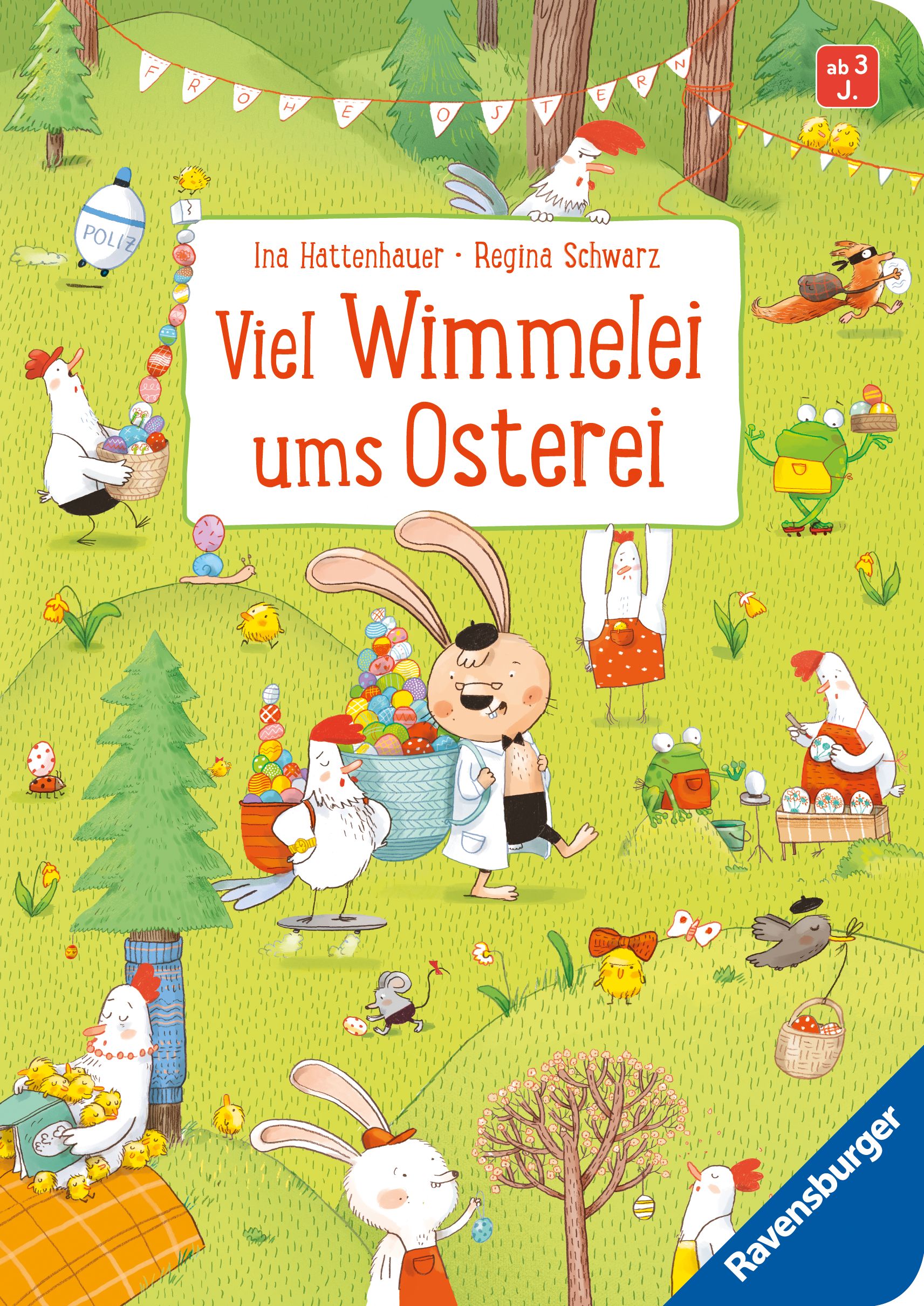 Buchcover: Titel "Viel Wimmelei ums Osterei". Illustrationen mit Hasen, Hühnern und Ostereiern. Verlag Ravensburger.
