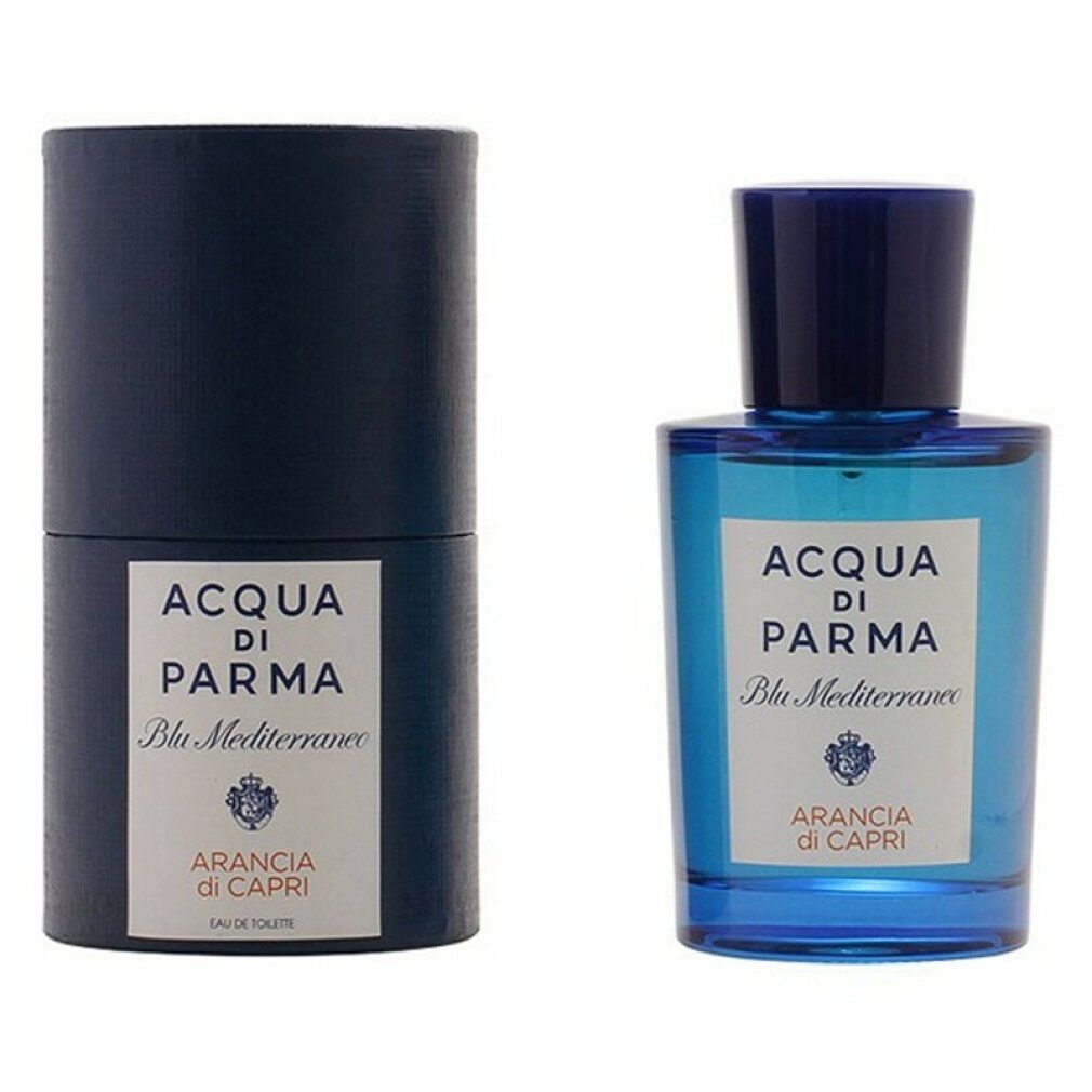Blaues Parfümflakon und zylindrische Verpackung. Aufschrift: Acqua di Parma Blu Mediterraneo Arancia di Capri Eau de Toilette.
