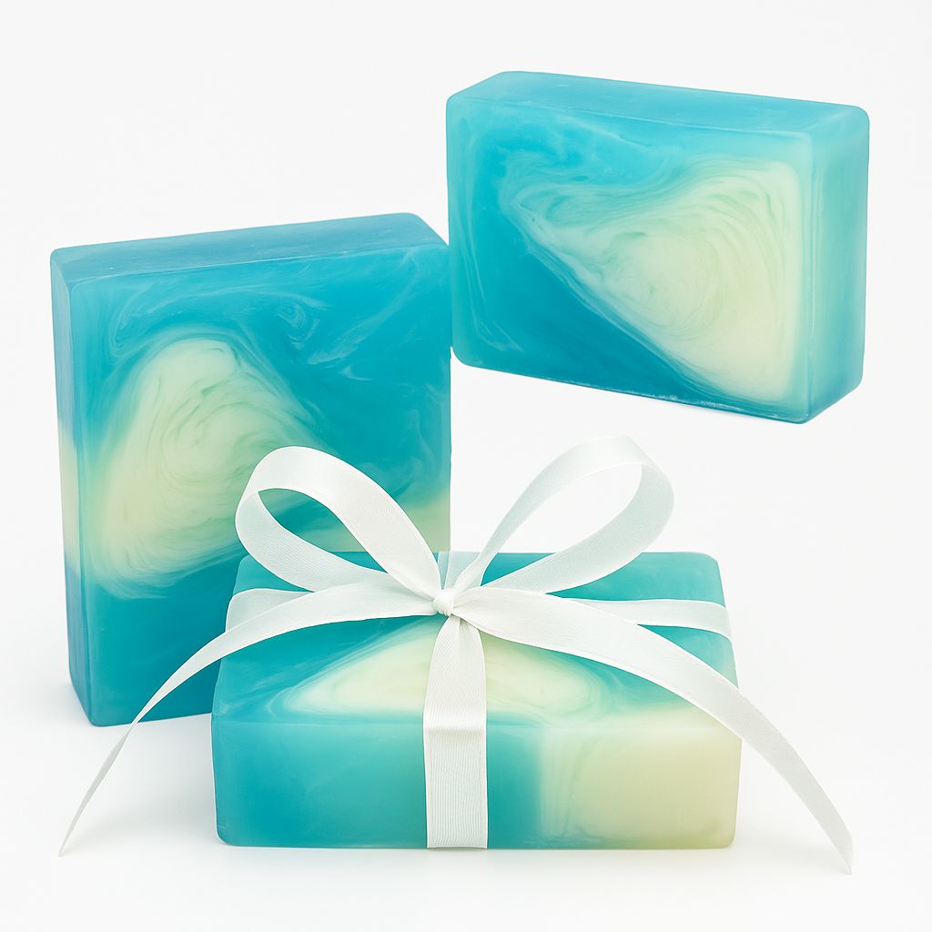 Drei Seifenstücke, blau-weiß marmoriert. Eines mit weißem Band gebunden. Rechteckige Form. Auf hellem Hintergrund.