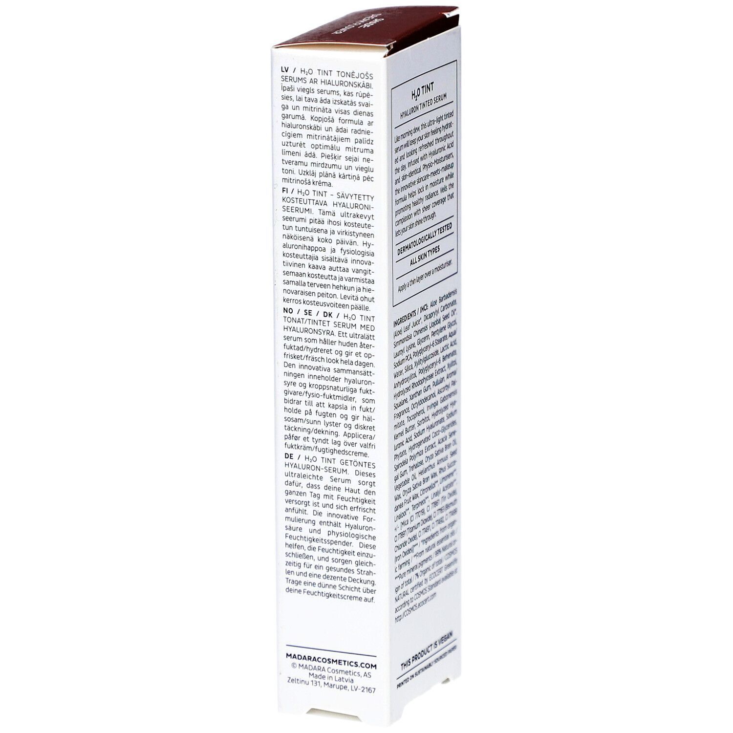 Produktverpackung mit Text. H2O Tint getöntes Serum. Inhaltsstoffe und Anwendungshinweise. Dermatologisch getestet. Vegan.
